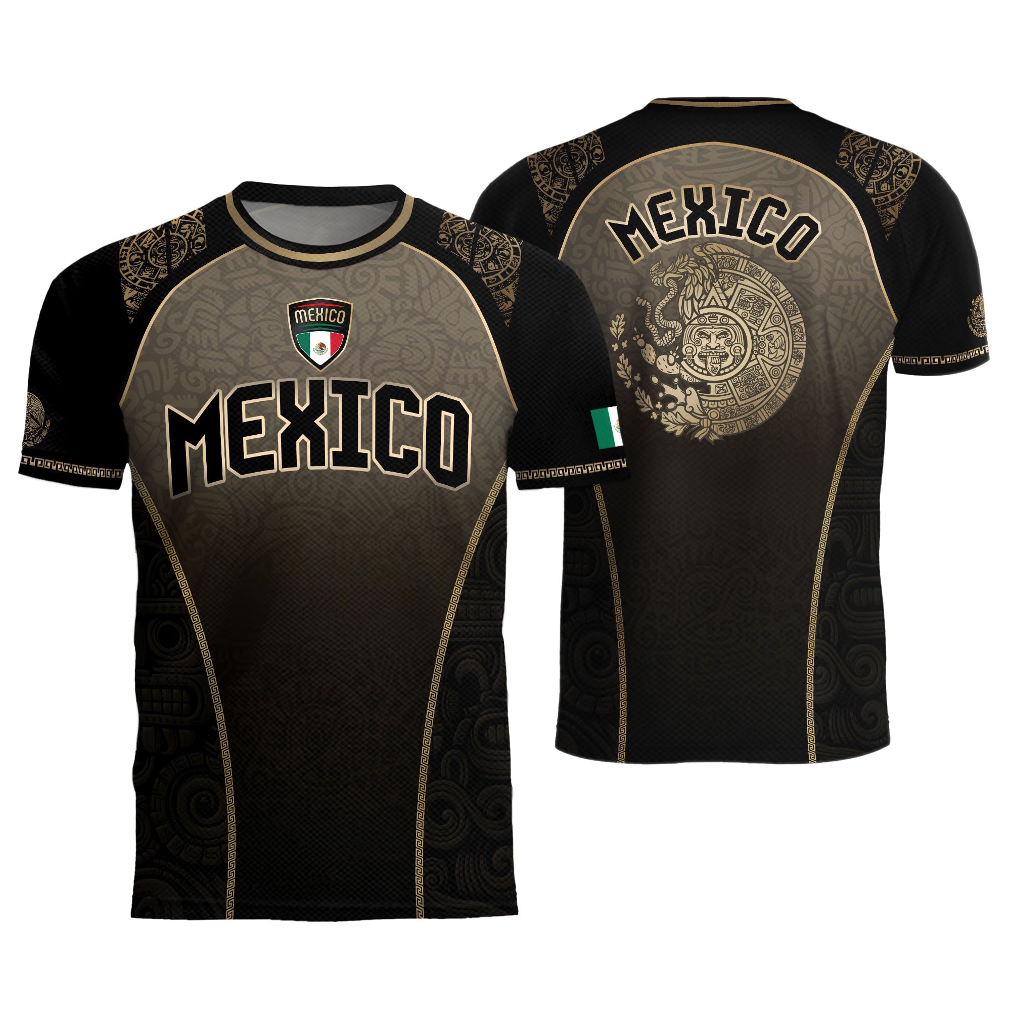 Mexico Heritage Black Tan Arch Design Aztec Empire Pride Graphic Soccer Jersey