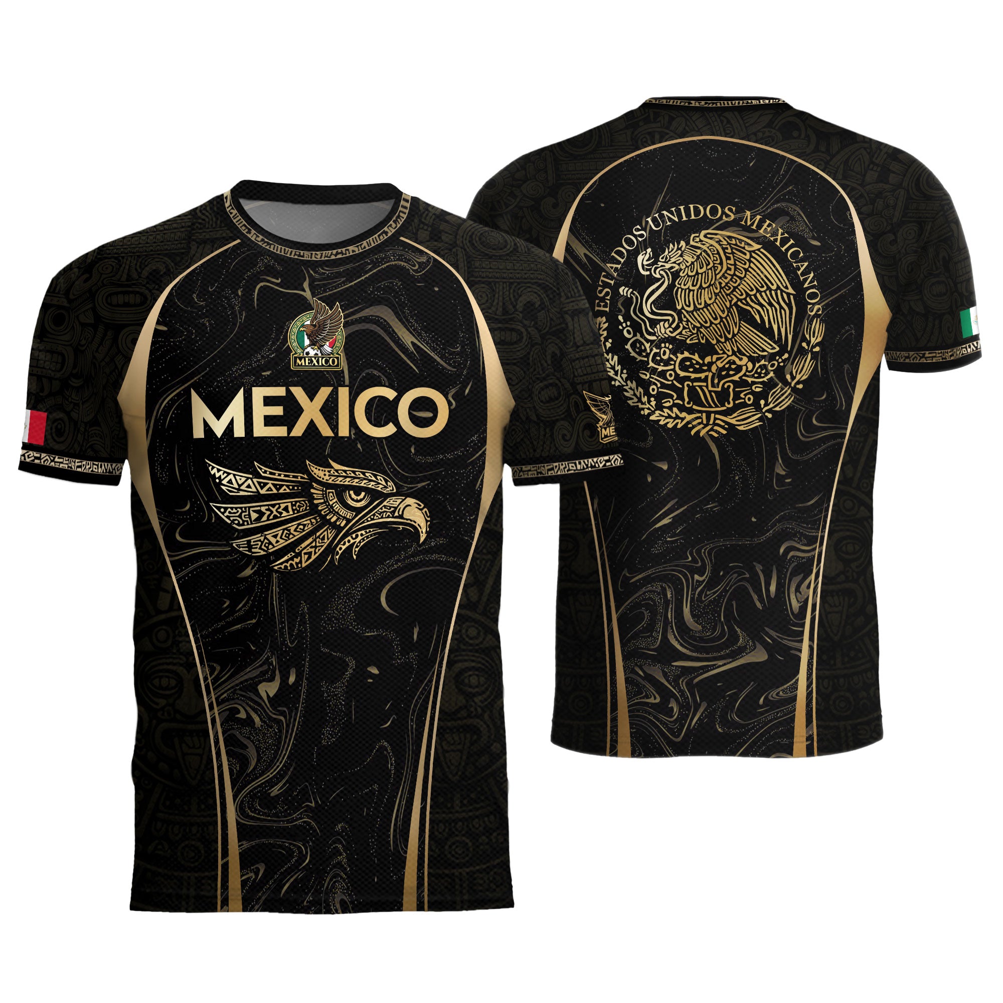 Mexico Coat of Arms Black Gold Aztec Eagle Warrior Heritage Soccer Jersey