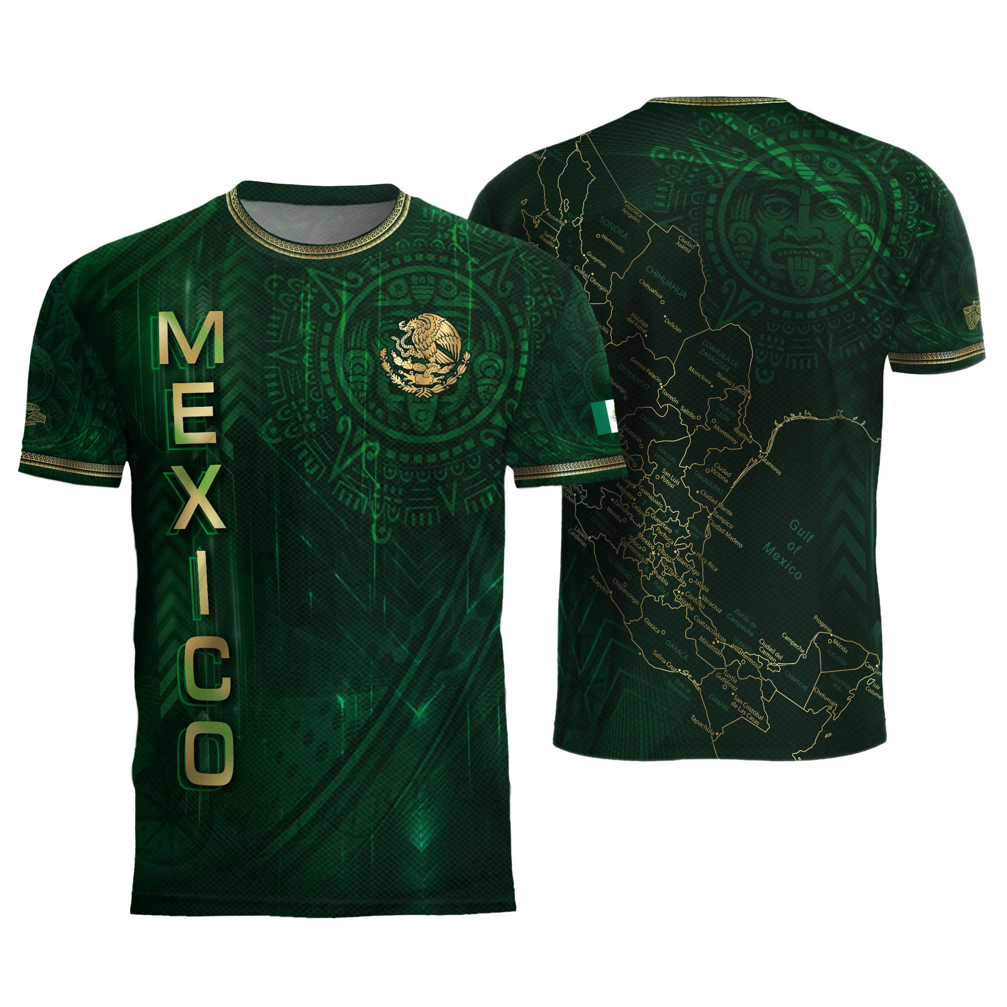 Mexico Heritage Orgullo Mexicano Green Gold Detailed Country Map Aztec Calendar Soccer Jersey