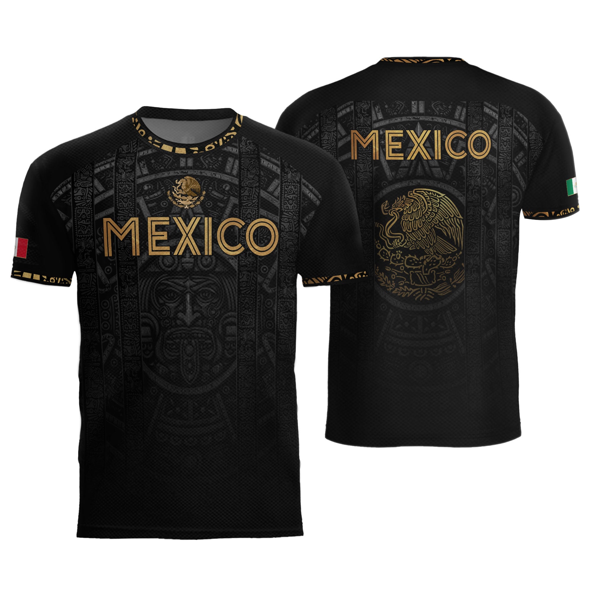Mexico Heritage Orgullo Mexicano Black Gold Aztec Sun Stone Calendar Soccer Jersey