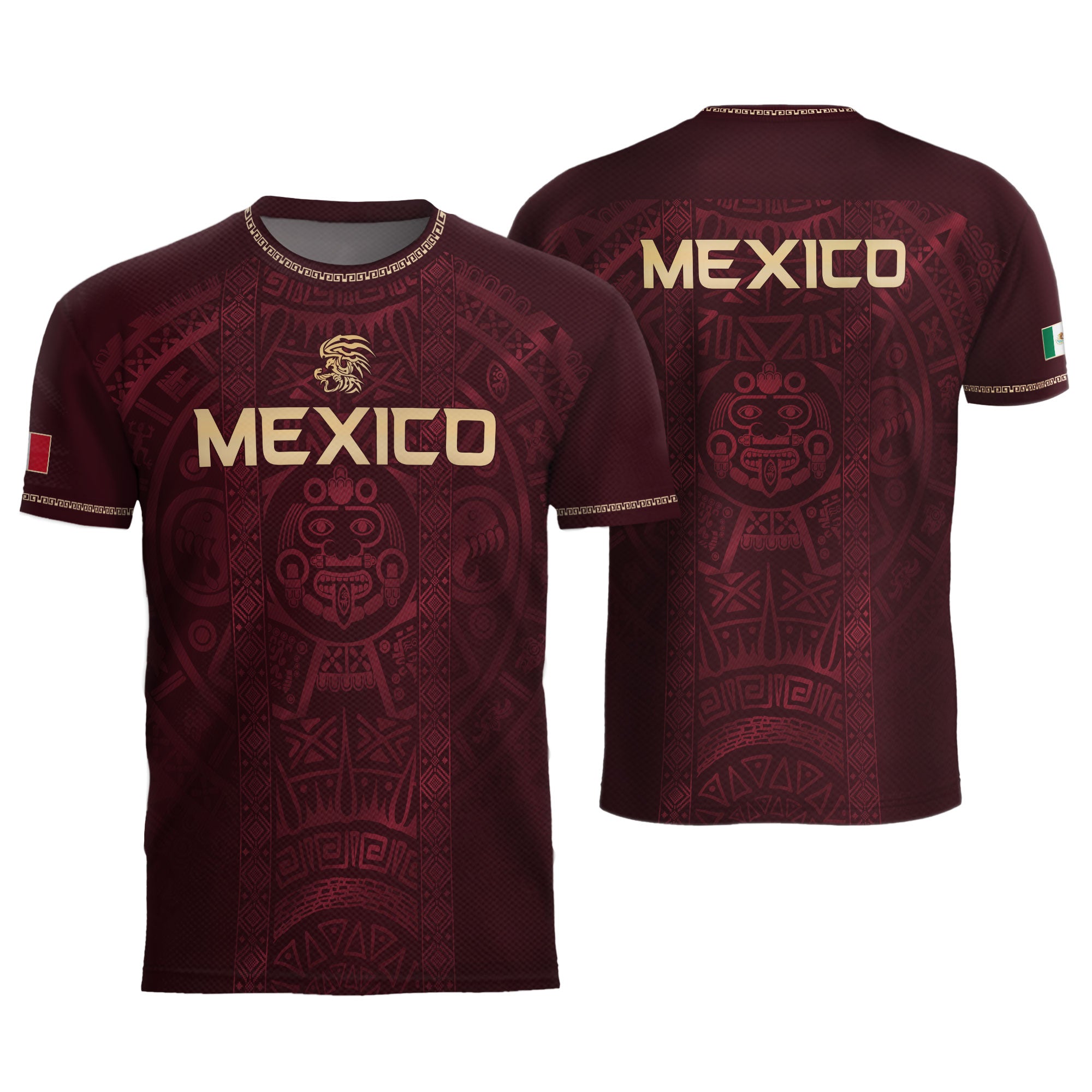 Mexico Heritage Orgullo Mexicano Maroon Burgundy Aztec Calendar Sun Stone Soccer Jersey