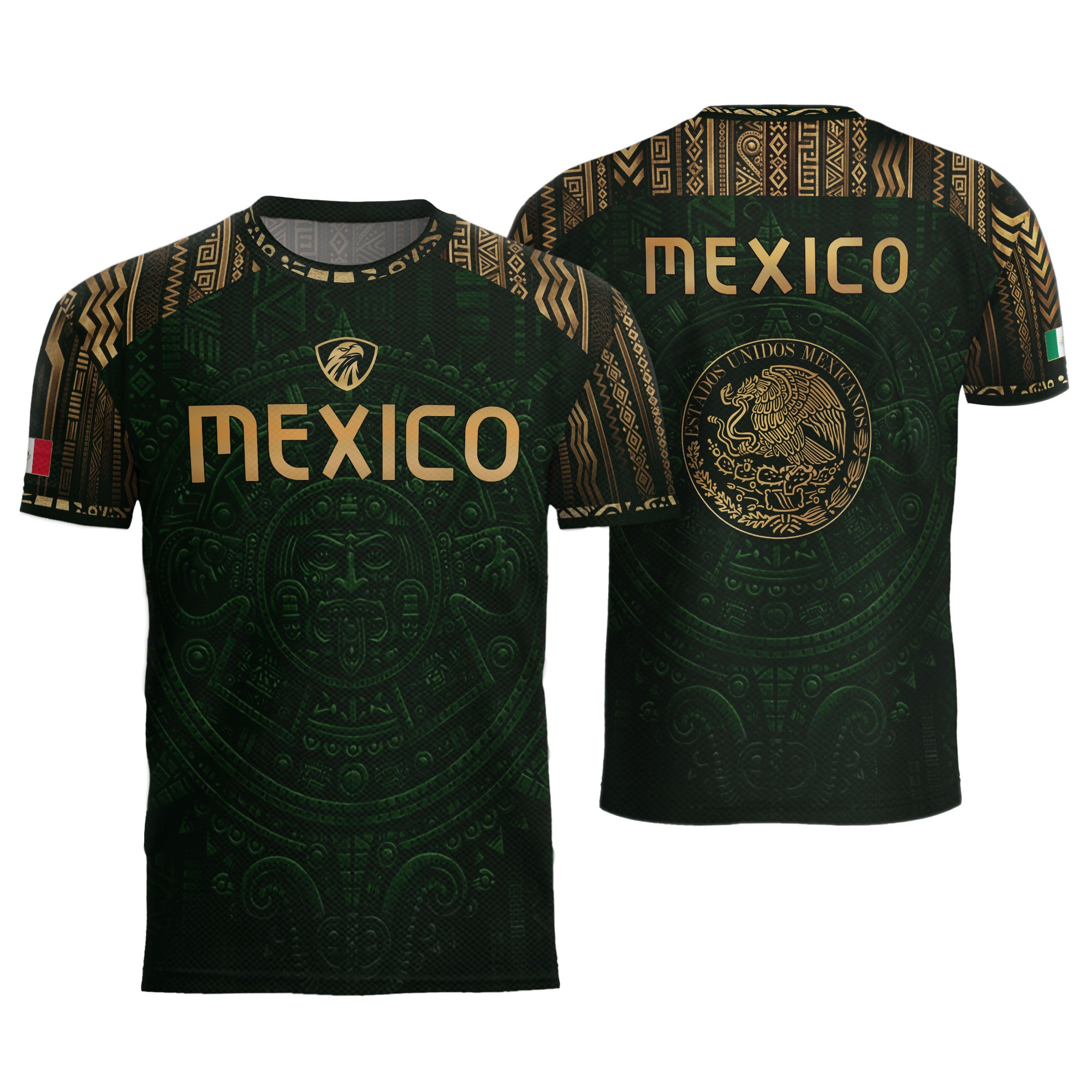 Camiseta de fútbol premium con emblema de águila azteca verde y dorado de México