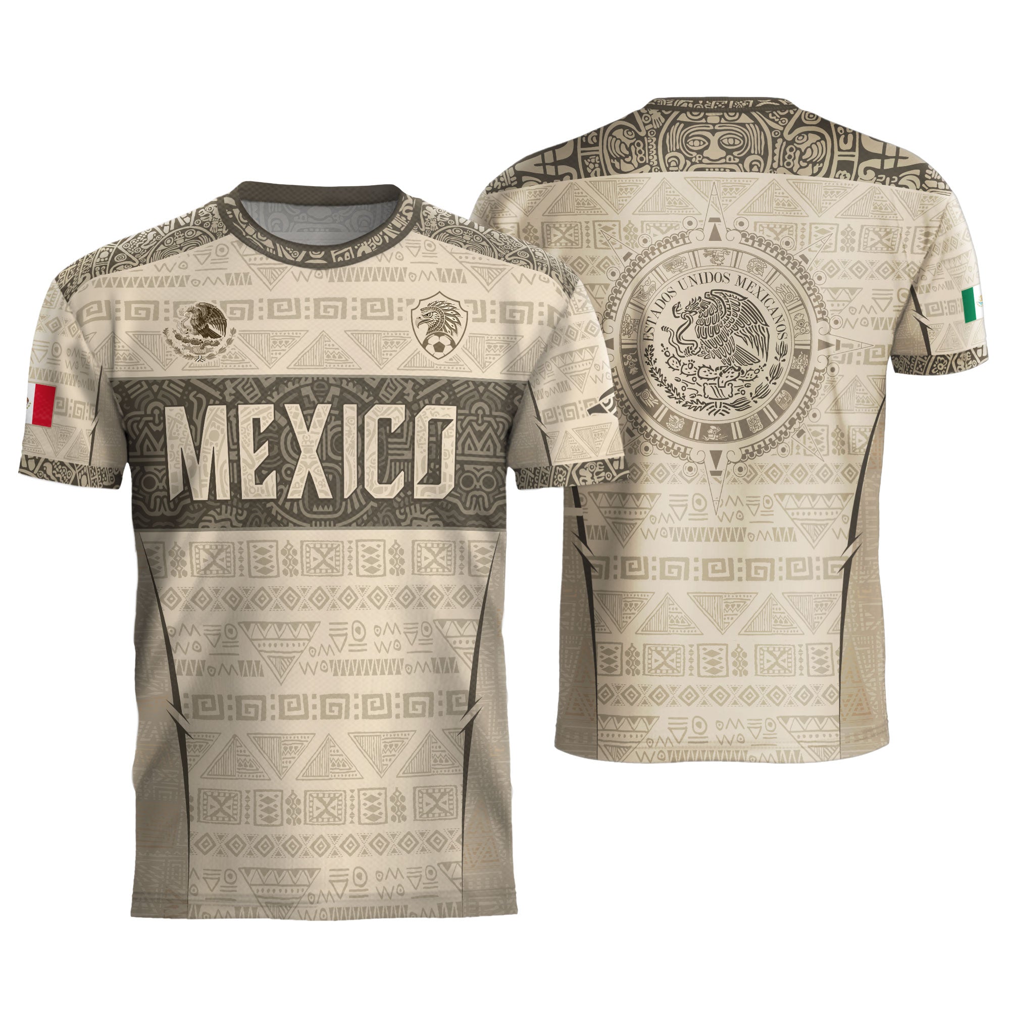Mexico Coat of Arms Beige Aztec Mayan Tribal Geometric Pattern Heritage Soccer Jersey