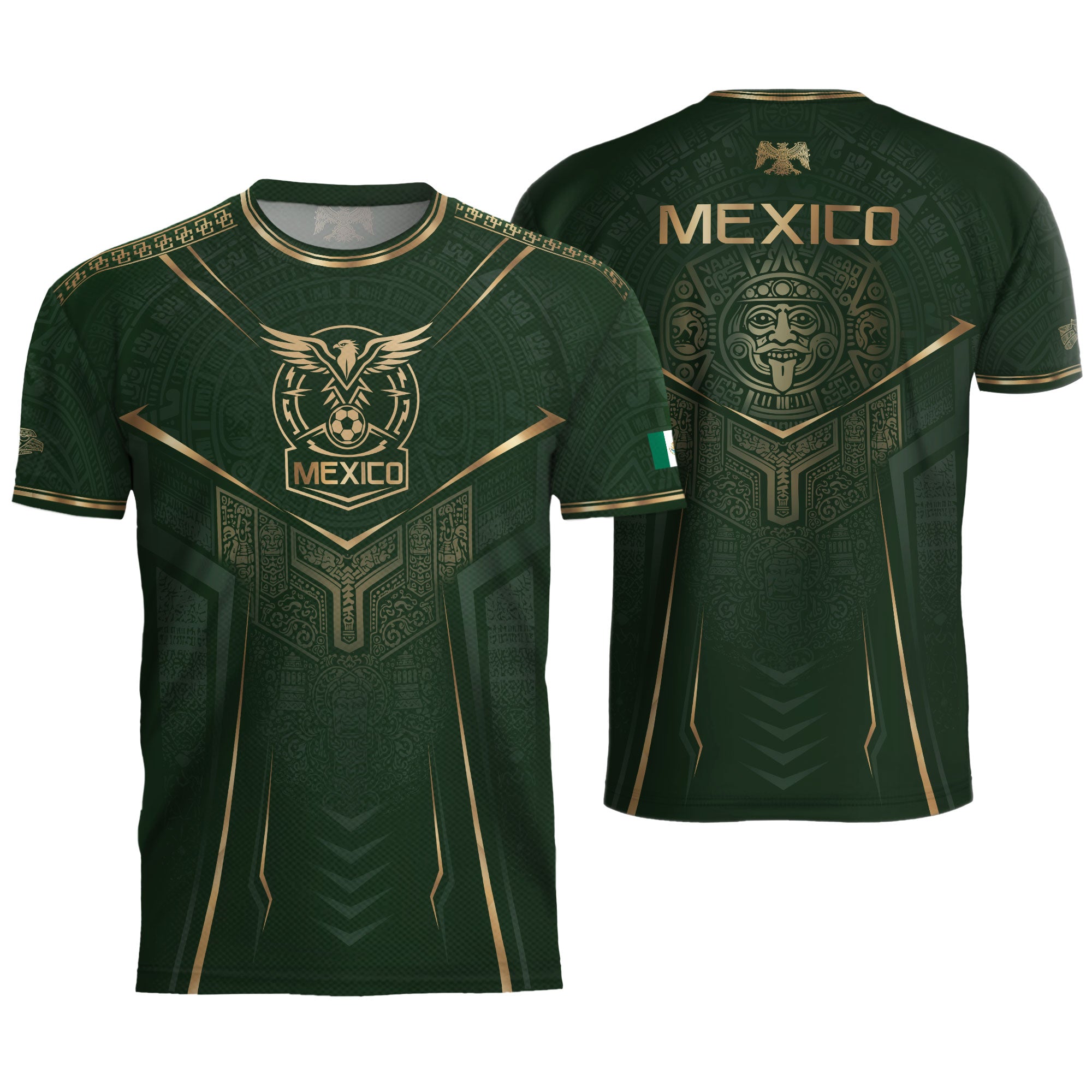 Camiseta de fútbol premium con emblema de águila azteca verde y dorado de México