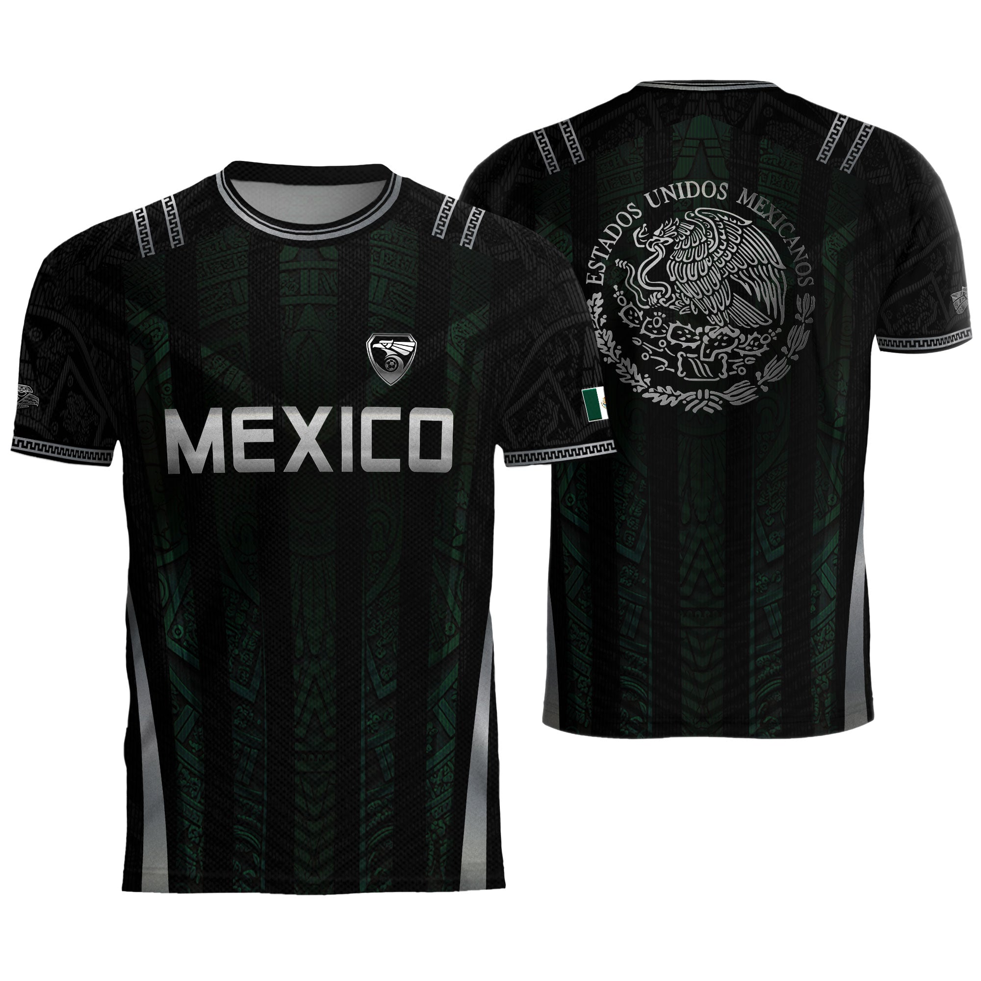 Camiseta de fútbol premium con emblema de águila azteca verde y dorado de México