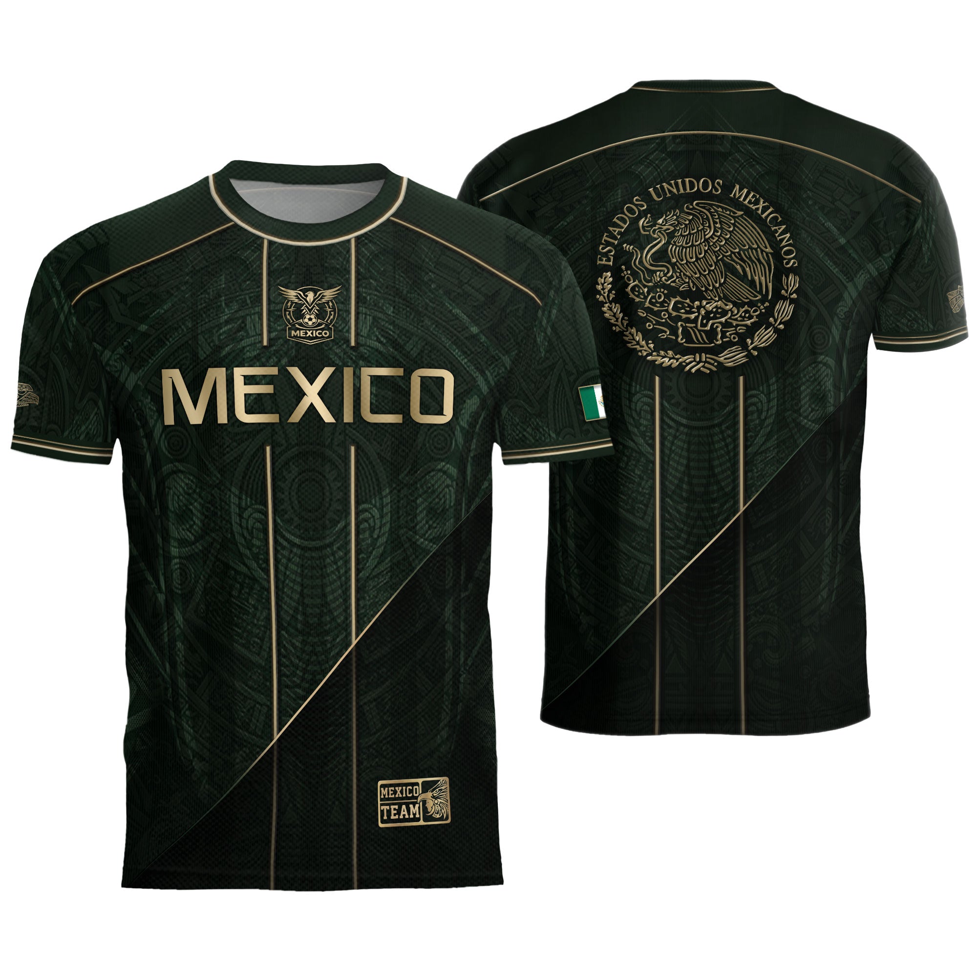 Camiseta de fútbol premium con emblema de águila azteca verde y dorado de México
