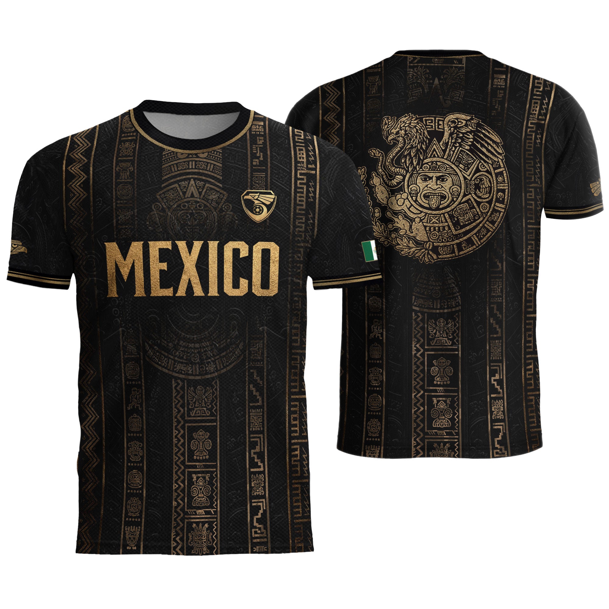 Camiseta de fútbol premium con emblema de águila azteca verde y dorado de México