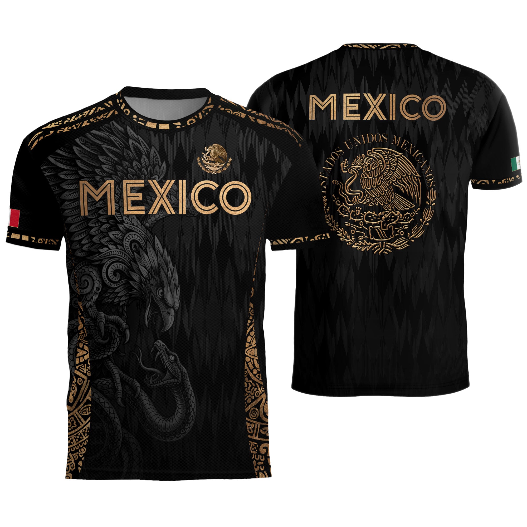 Camiseta de fútbol premium con emblema de águila azteca verde y dorado de México