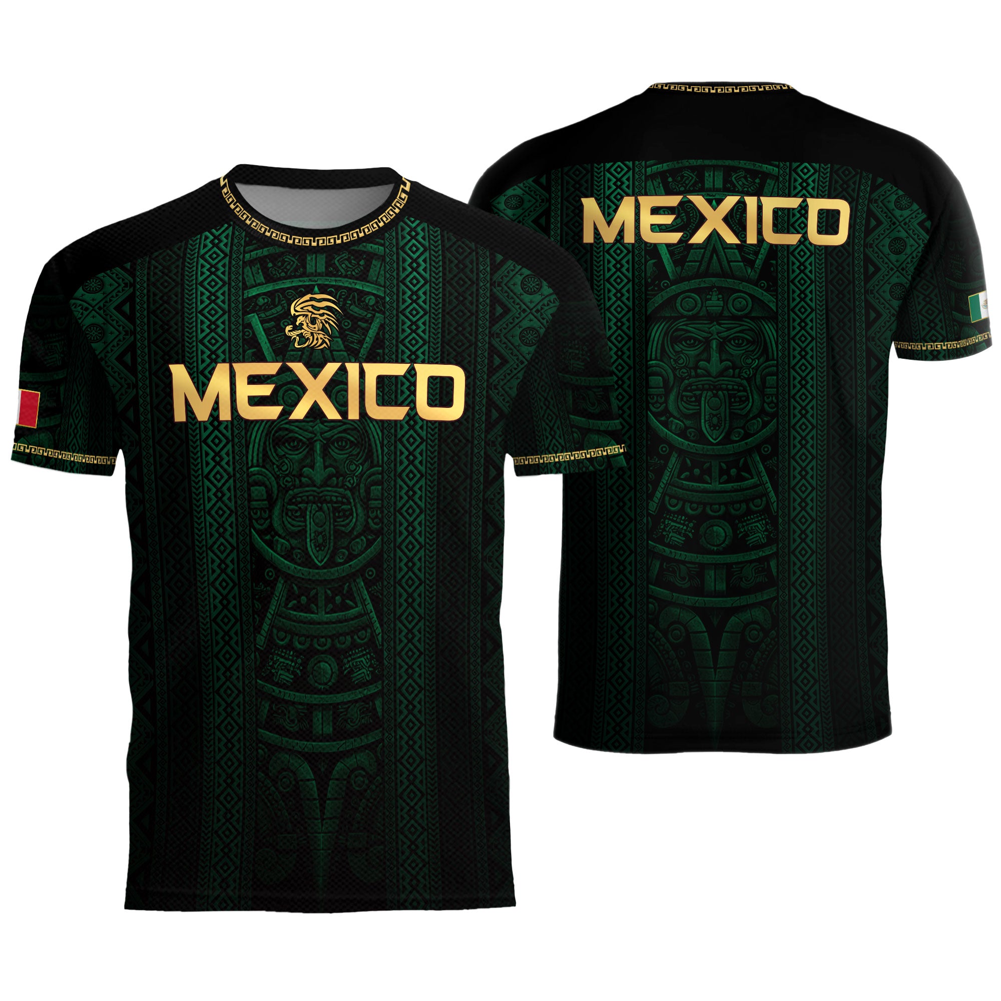 Camiseta de fútbol premium con emblema de águila azteca verde y dorado de México