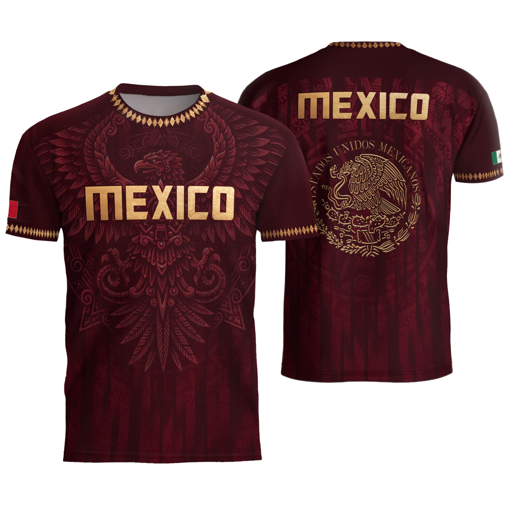 Camiseta de fútbol premium con emblema de águila azteca verde y dorado de México