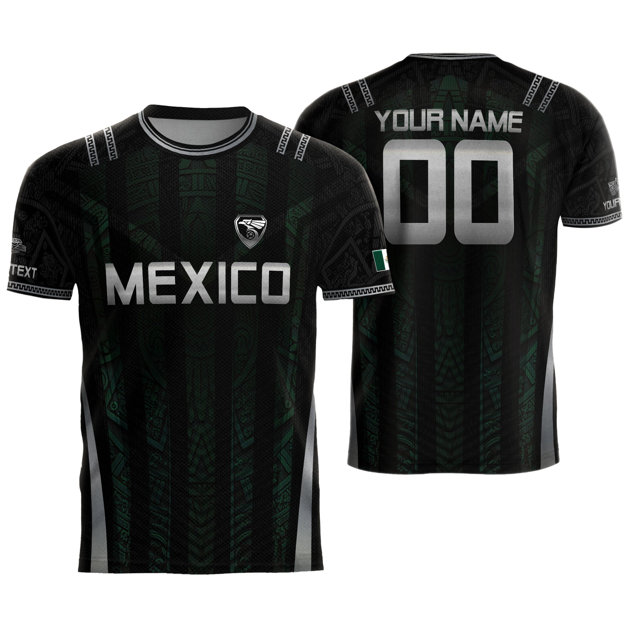 Camiseta de fútbol premium con emblema de águila azteca verde y dorado de México