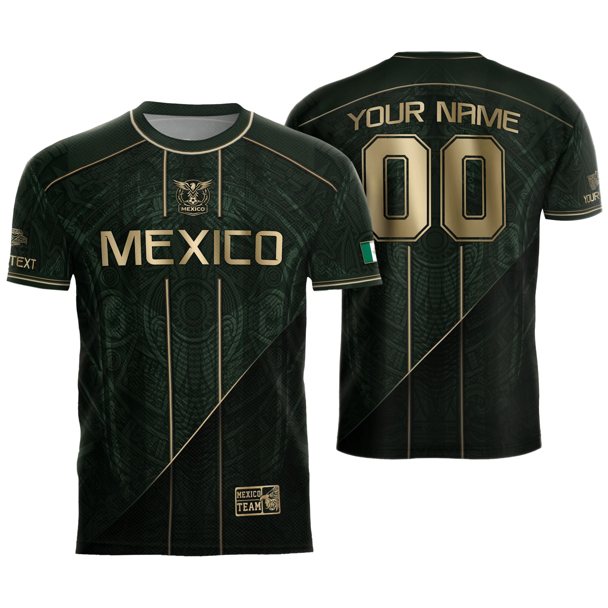Camiseta de fútbol premium con emblema de águila azteca verde y dorado de México