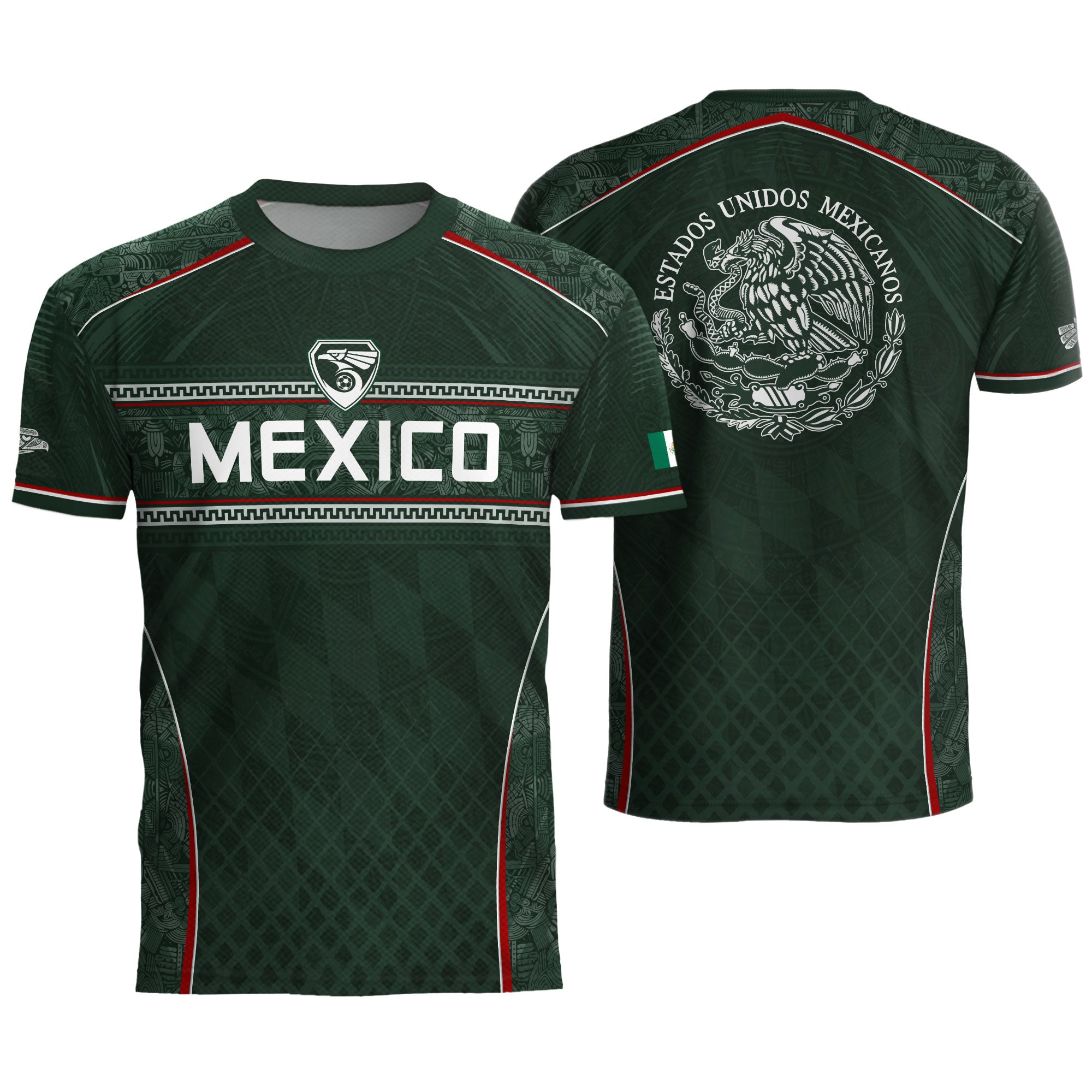 Camiseta de fútbol premium con emblema de águila azteca verde y dorado de México