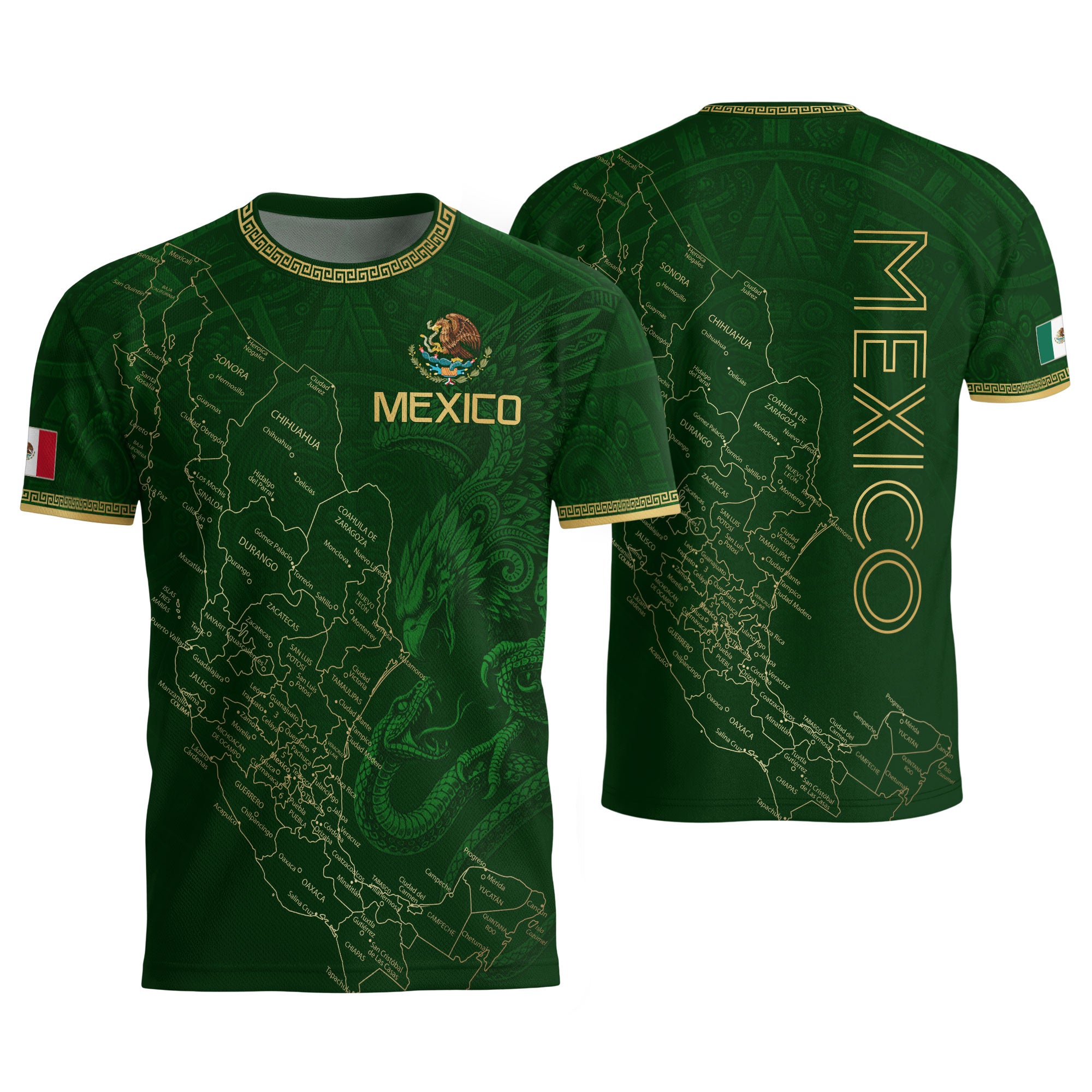 Camiseta de fútbol premium con emblema de águila azteca verde y dorado de México