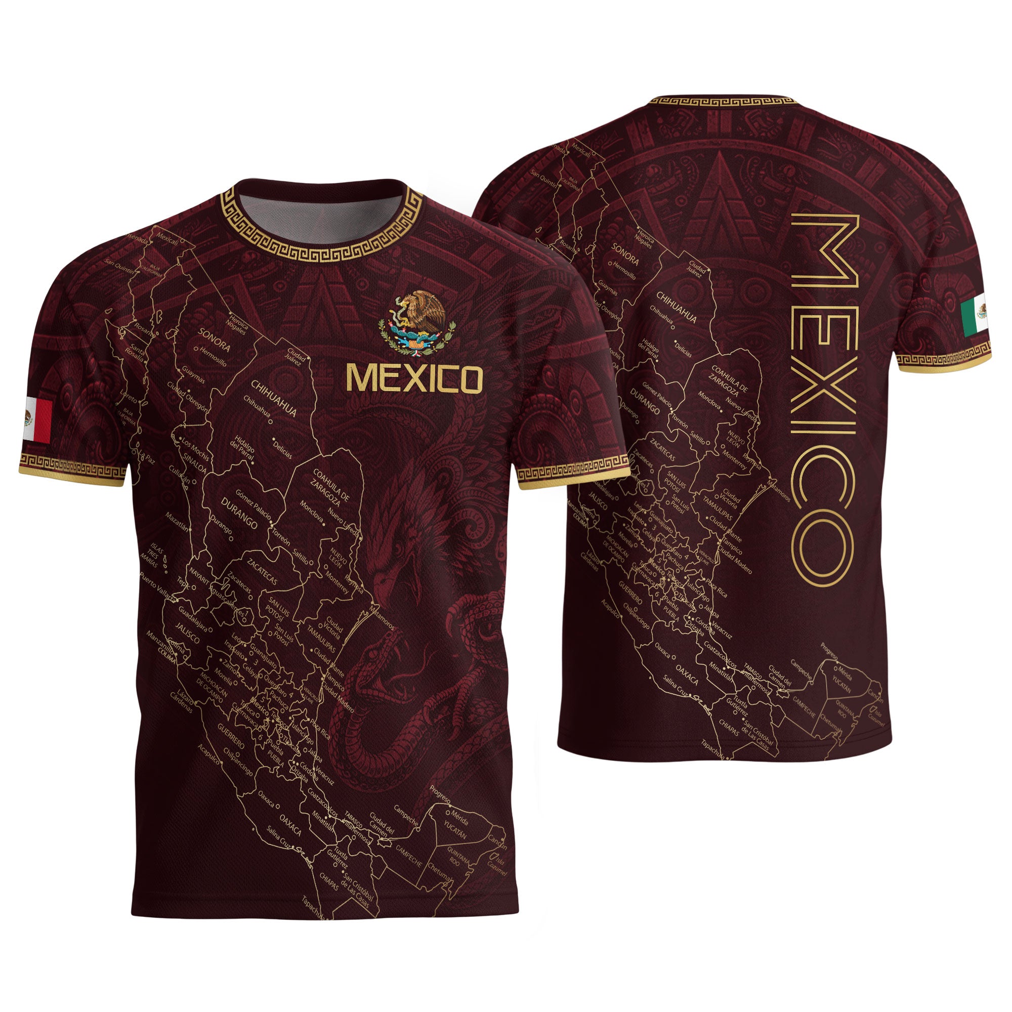 Men's Burgundy Mexico Map Eagle & Snake Graphic T-Shirt – Mexico Country Outline Print Tee