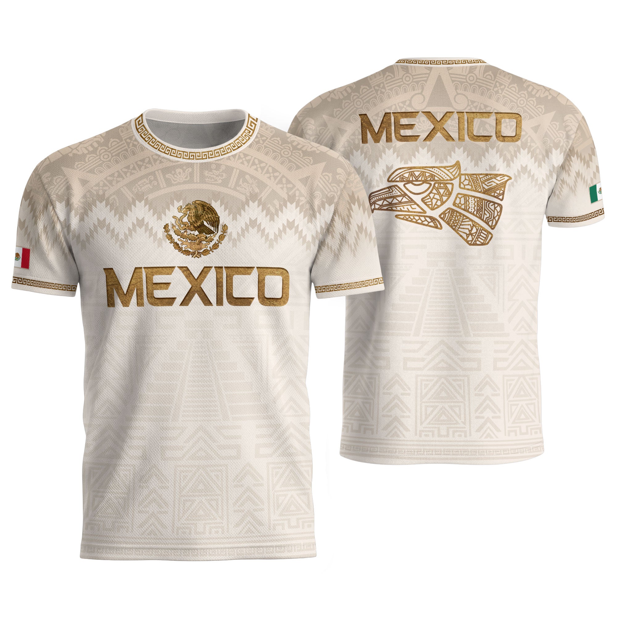 Camiseta de fútbol premium con emblema de águila azteca verde y dorado de México