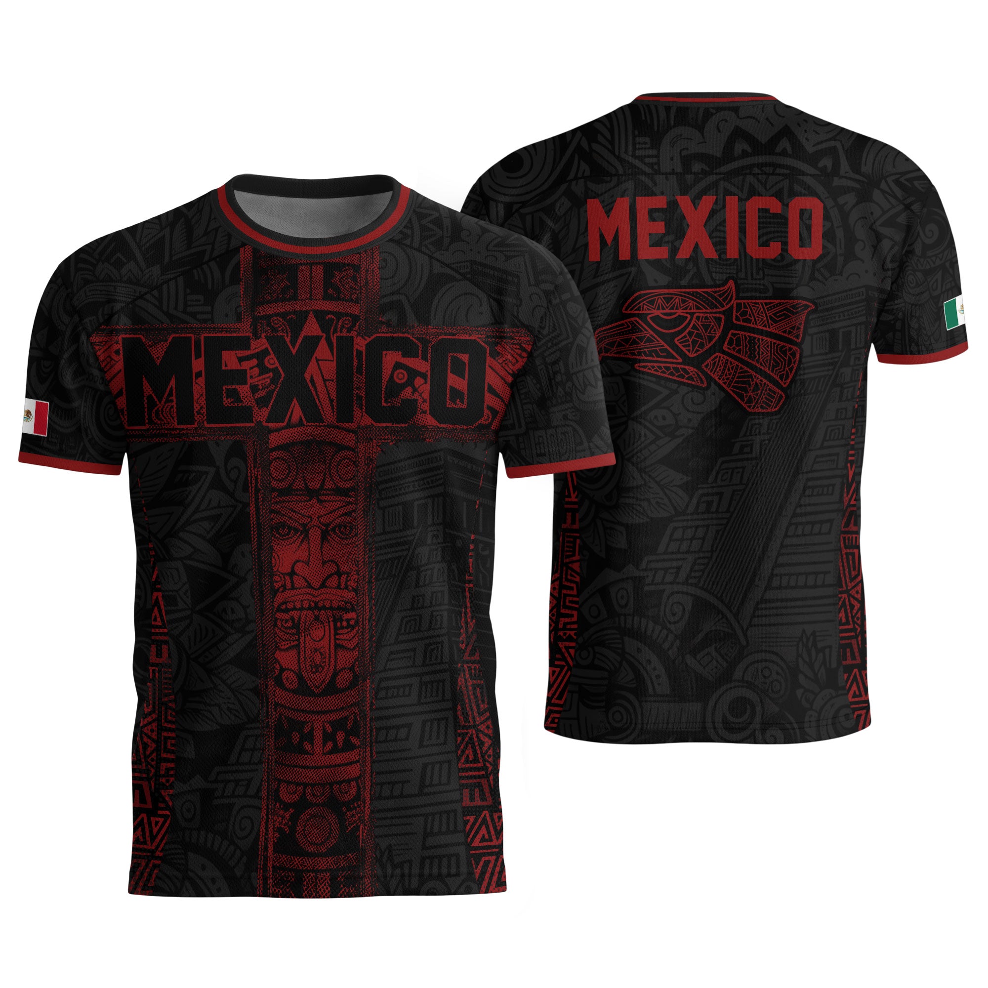 Mexico Soccer Jersey Men Black Red Aztec Cross Warrior Mexican Football Shirt