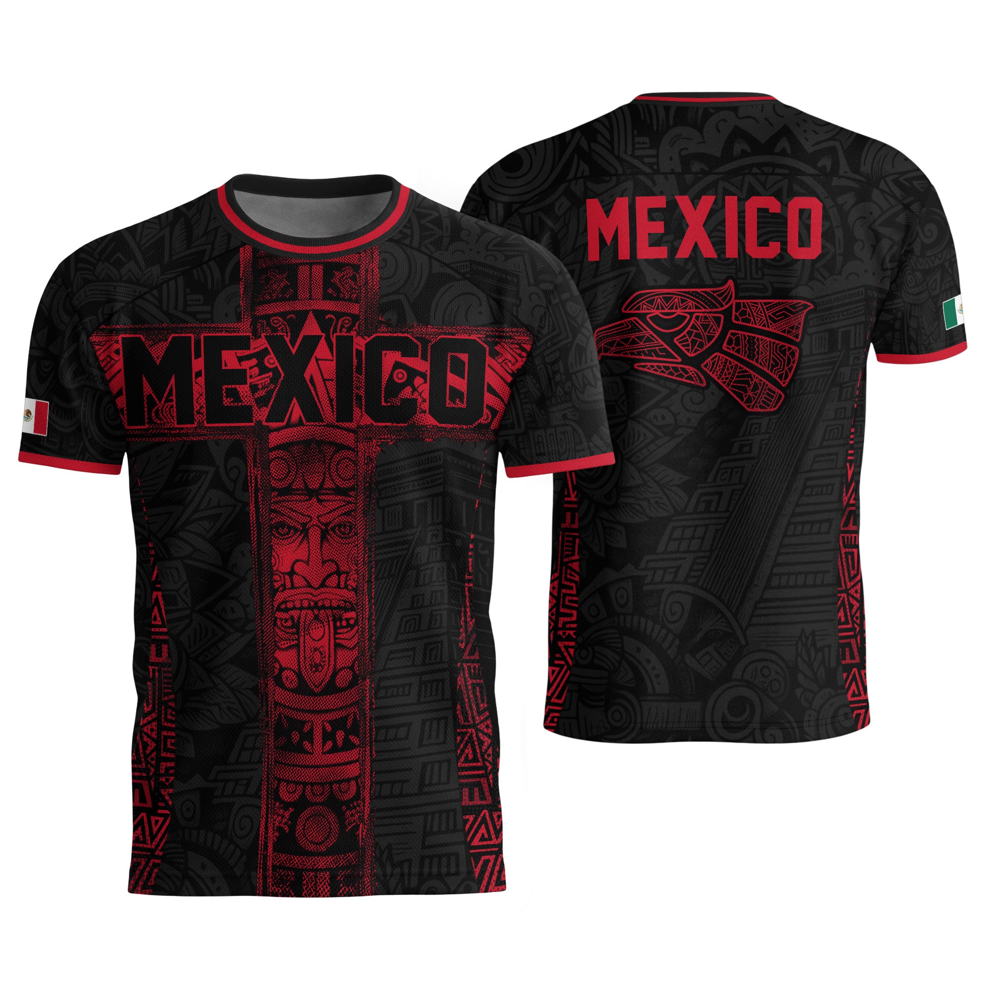 Mexico Soccer Jersey Men Black Red Aztec Cross Warrior Mexican Football Shirt