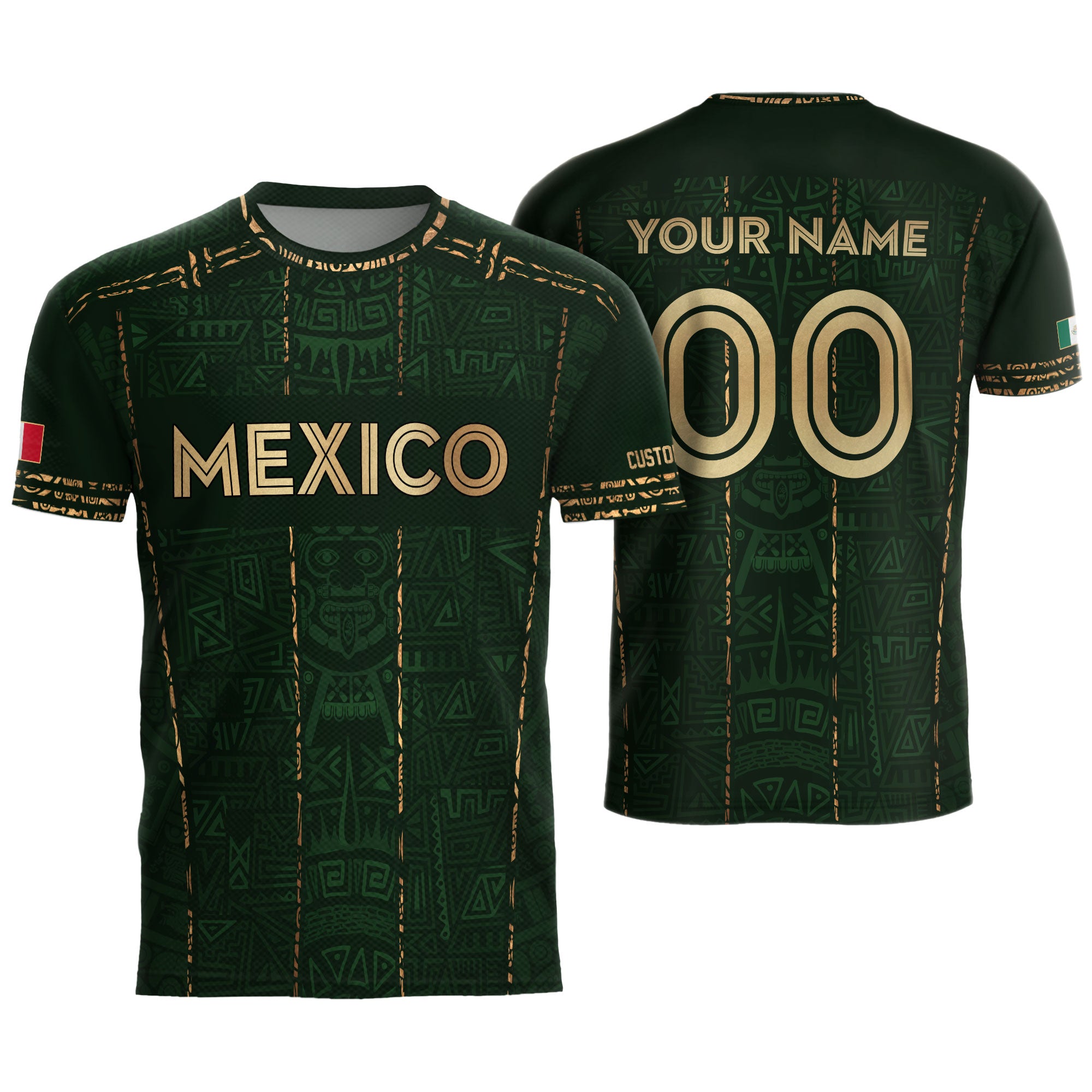 Mexico Soccer Jersey Custom Name - Green Aztec Heritage Pattern