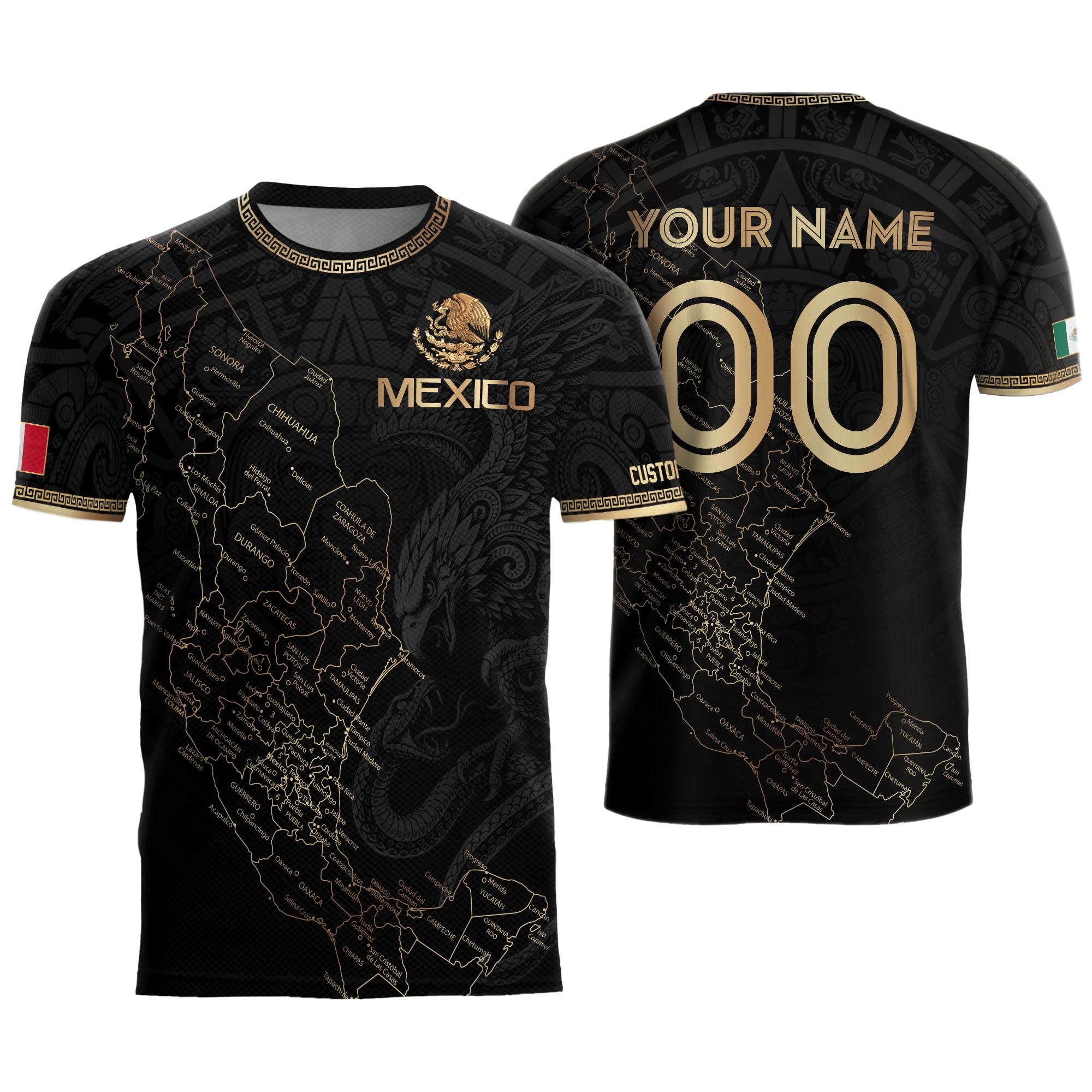 Mexico Soccer Jersey Custom Name - Black & Gold Mexico Map Heritage Football Shirt