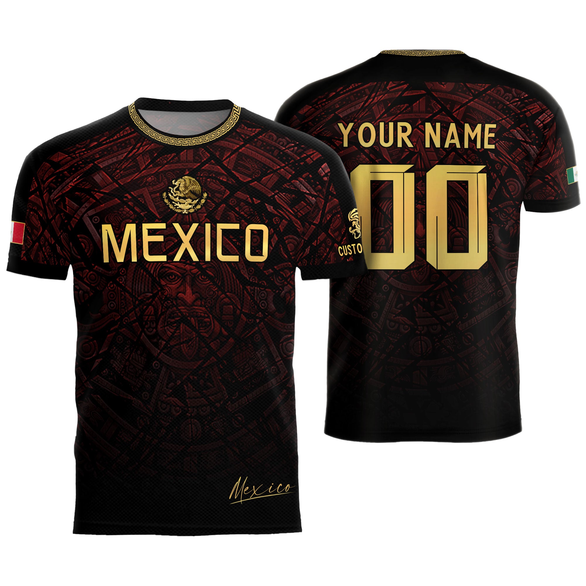 Custom Mexico Soccer Jersey – Maroon Black Aztec Heritage Pattern Personalized Football Shirt