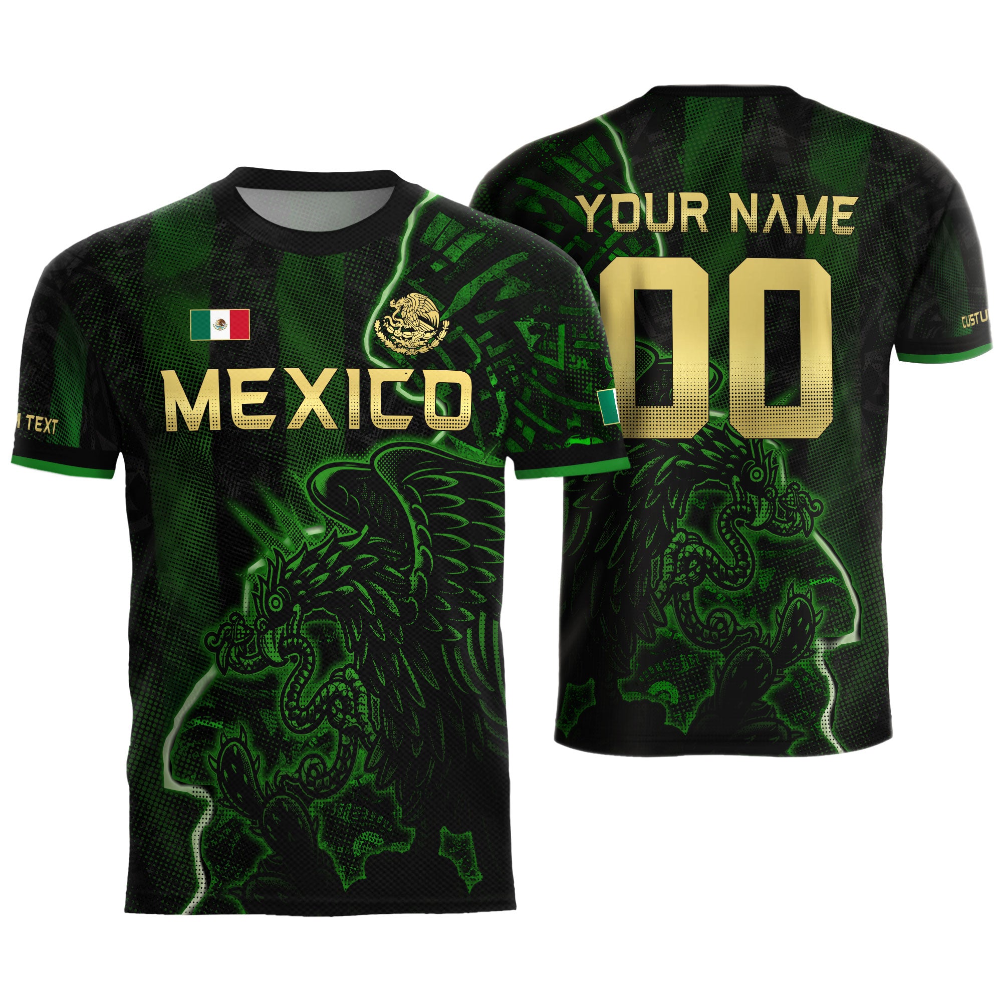 Custom Mexico Soccer Jersey – Black Green Aztec Serpent Lightning