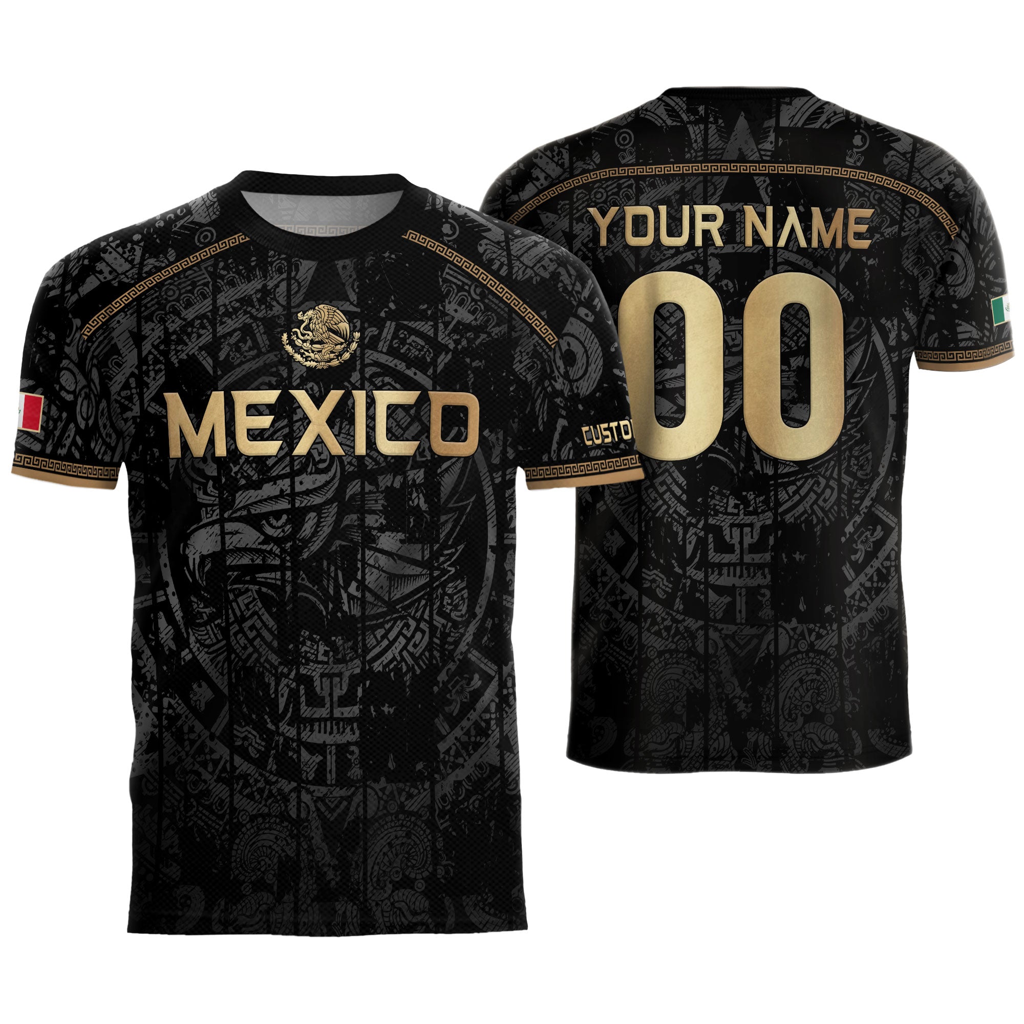 Mexico Soccer Jersey Custom Name - Black Gold Aztec Calendar