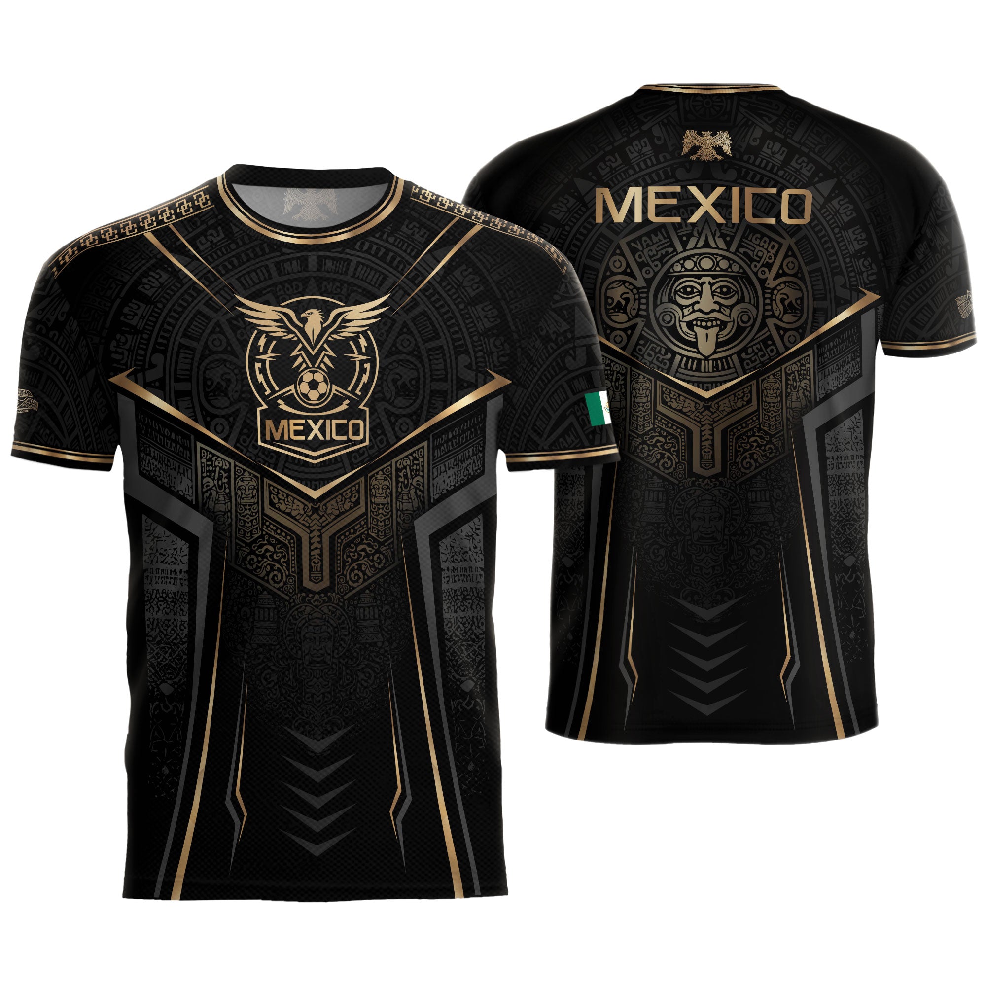 Camiseta de fútbol premium con emblema de águila azteca verde y dorado de México
