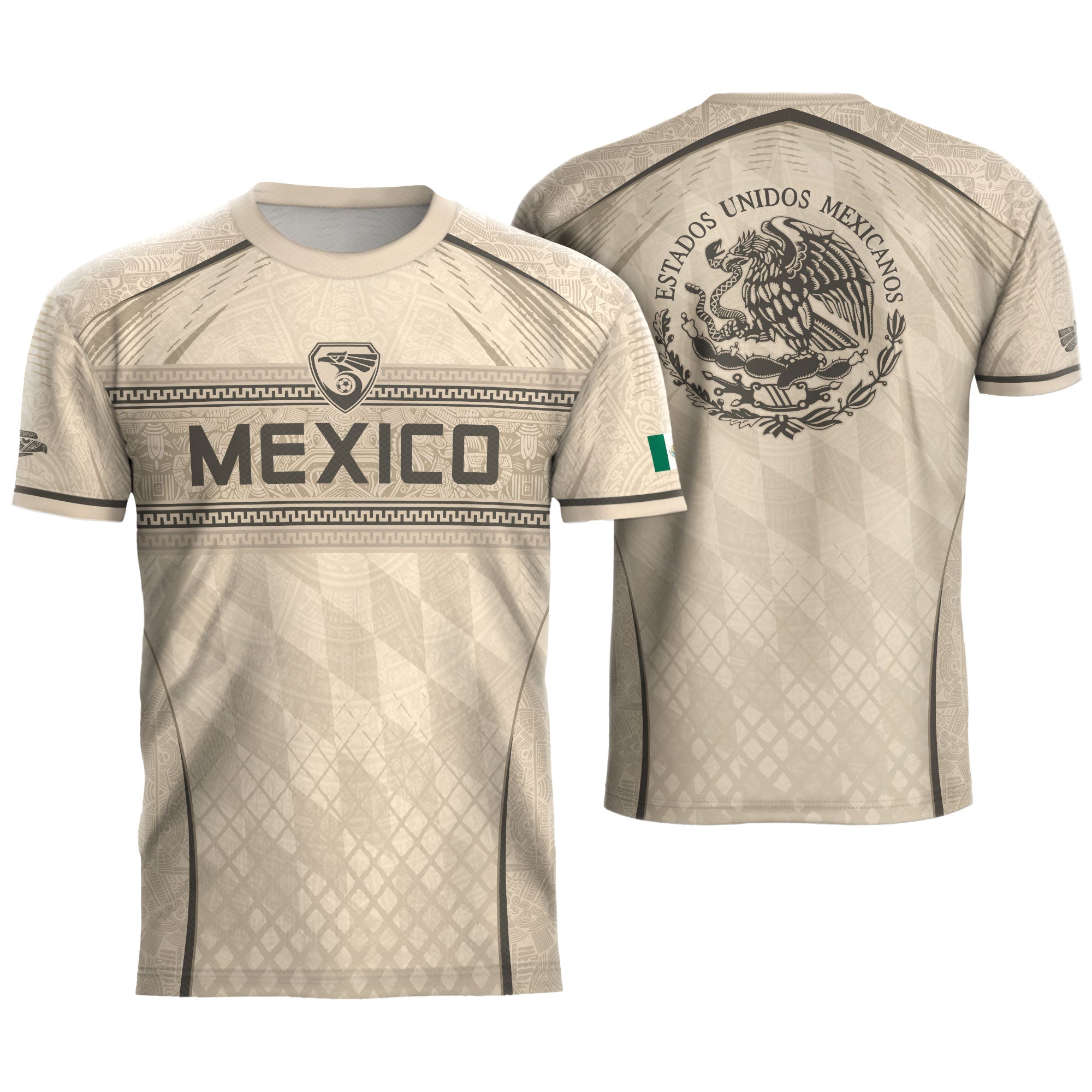 Camiseta de fútbol premium con emblema de águila azteca verde y dorado de México