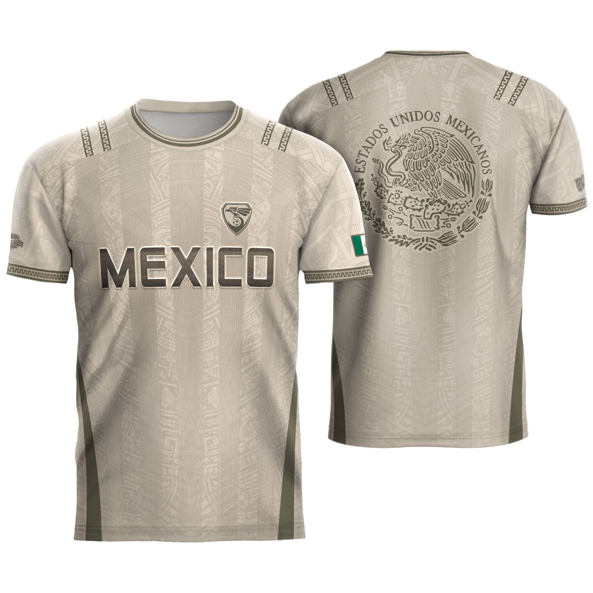 Camiseta de fútbol premium con emblema de águila azteca verde y dorado de México