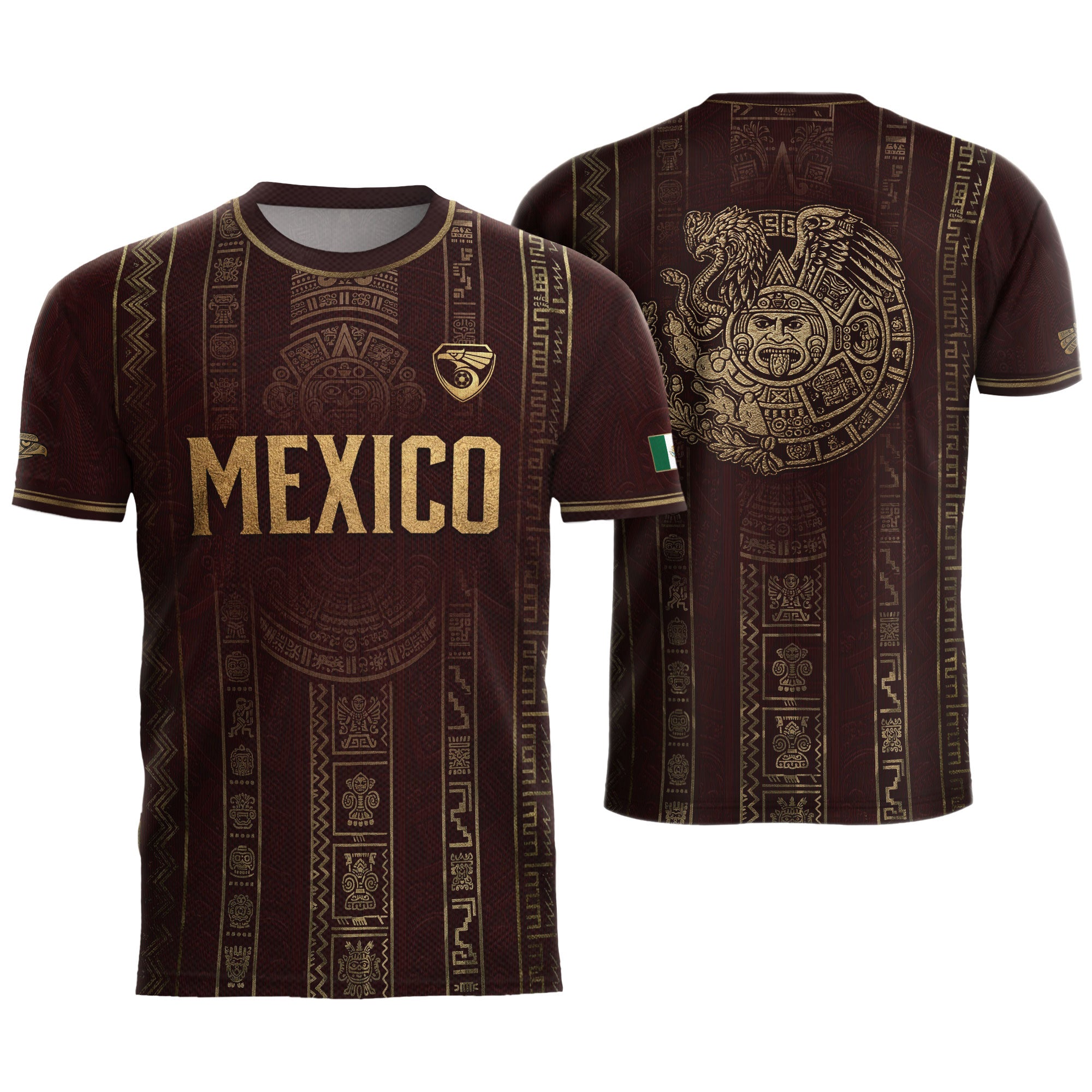 Camiseta de fútbol premium con emblema de águila azteca verde y dorado de México