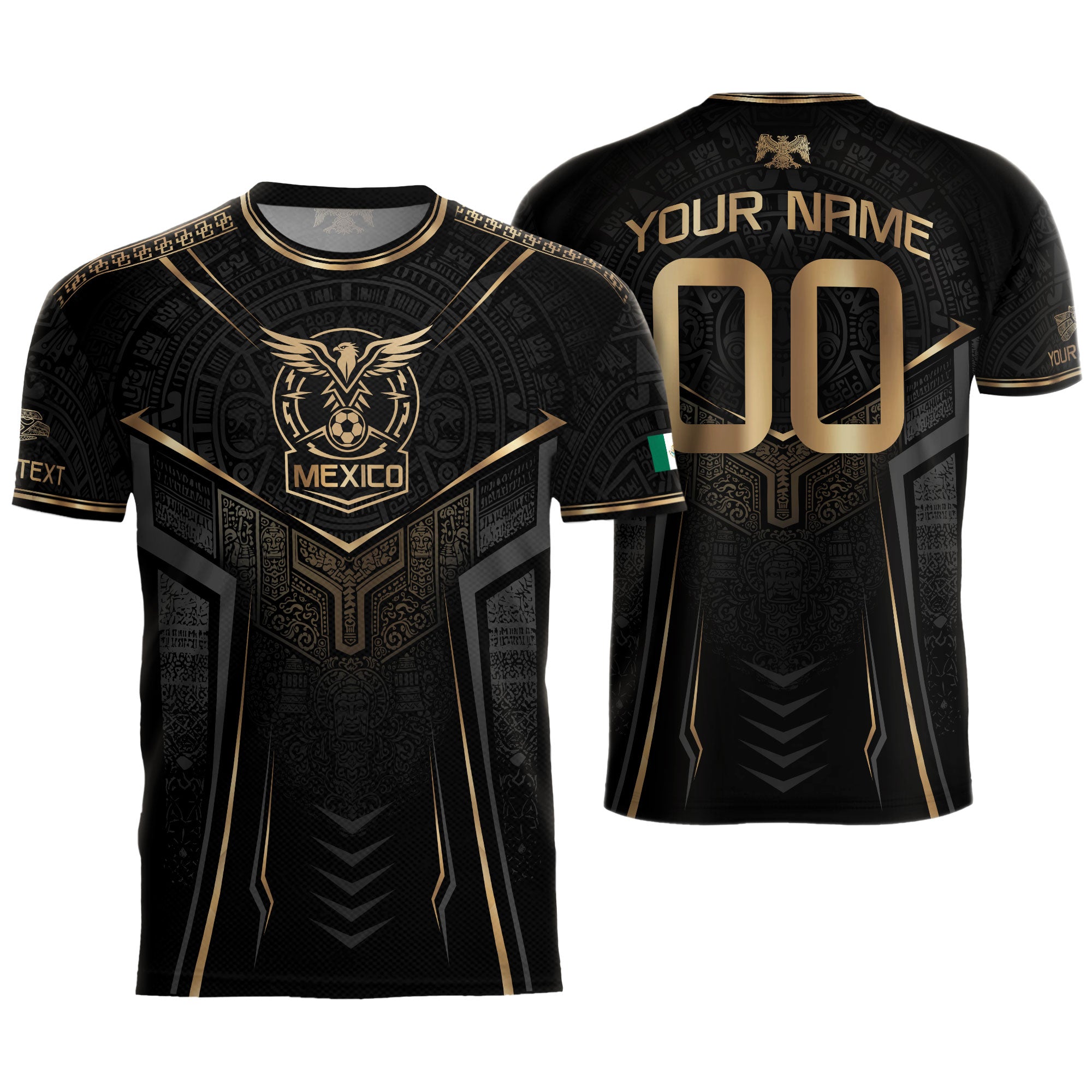 Camiseta de fútbol premium con emblema de águila azteca verde y dorado de México