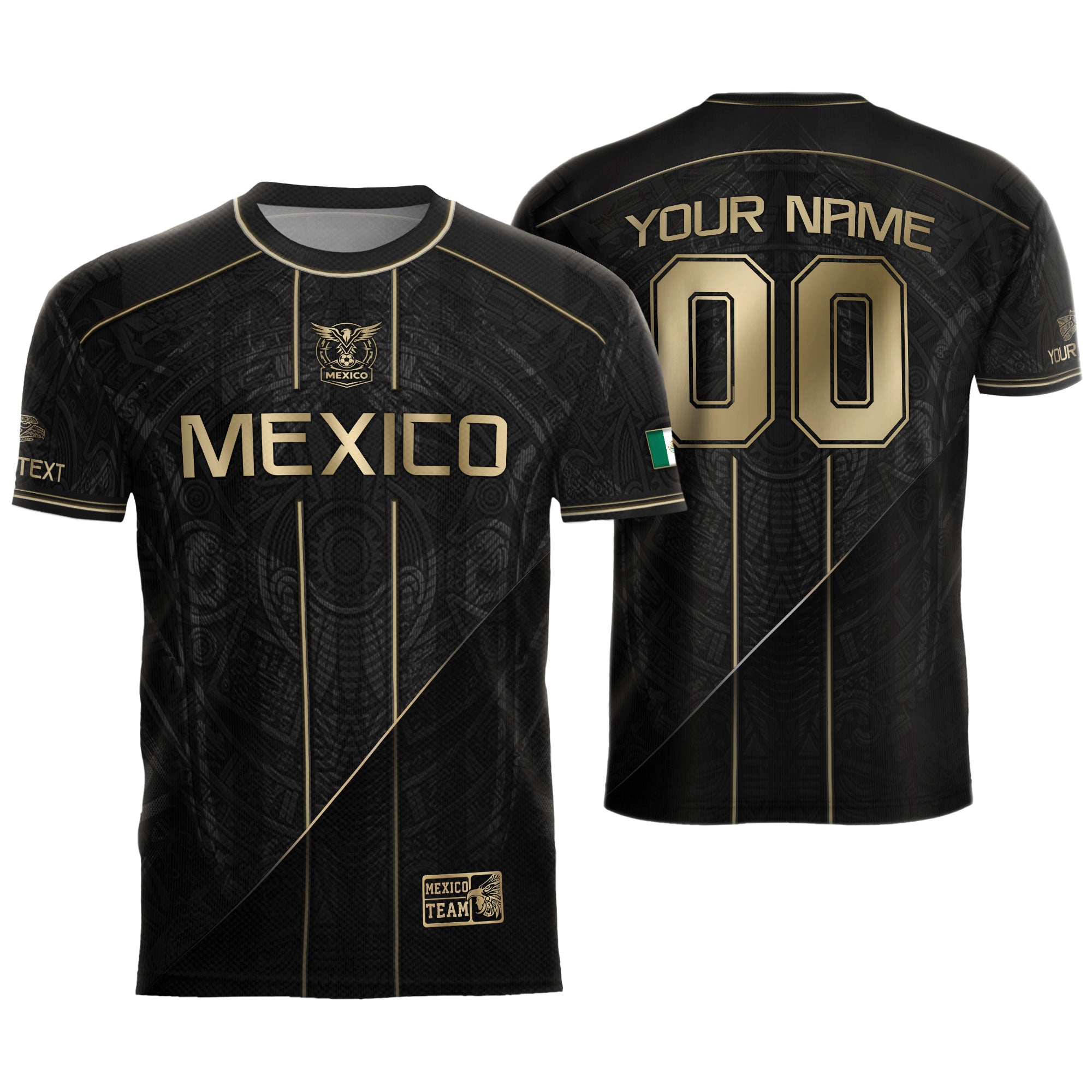 Camiseta de fútbol premium con emblema de águila azteca verde y dorado de México