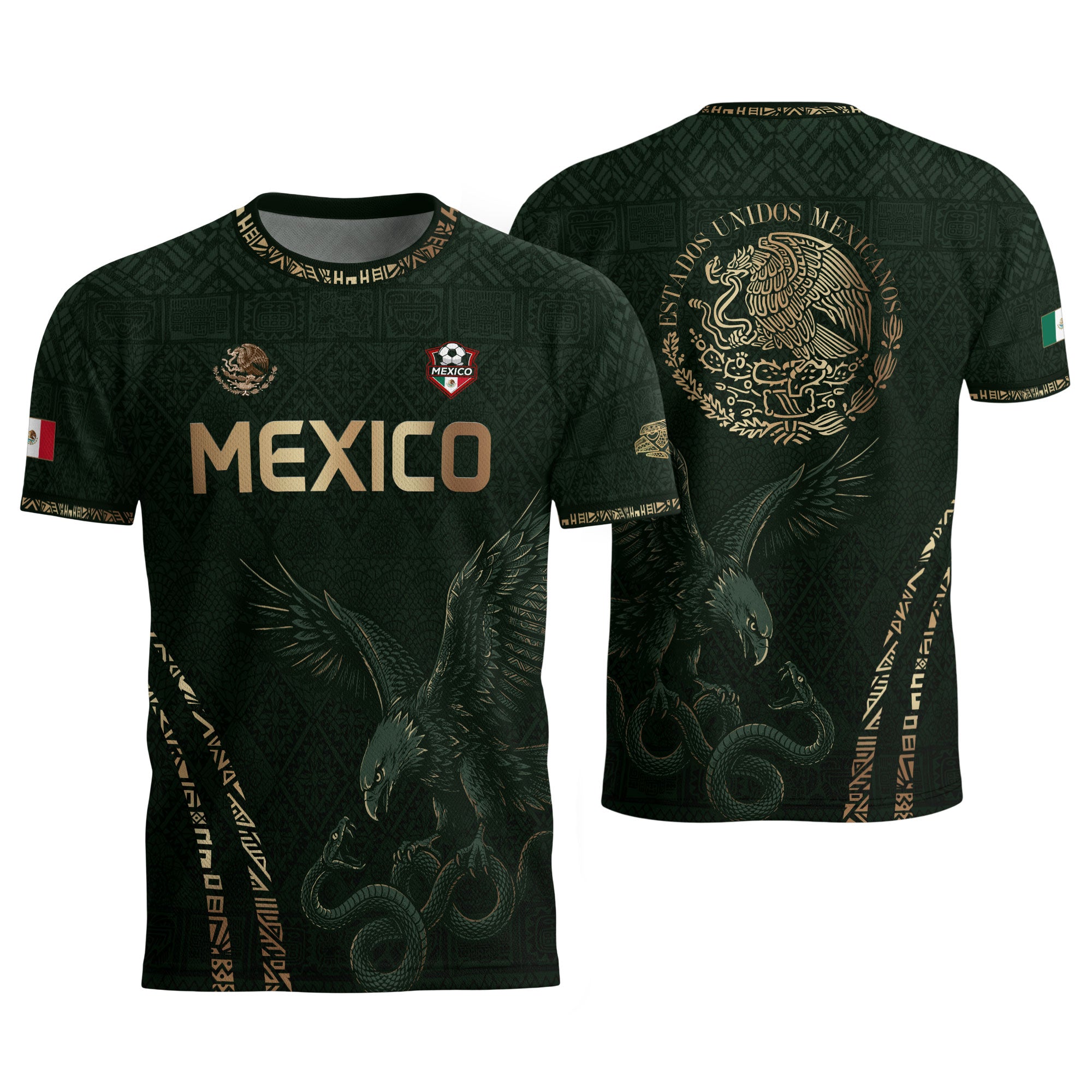 Camiseta de fútbol premium con emblema de águila azteca verde y dorado de México