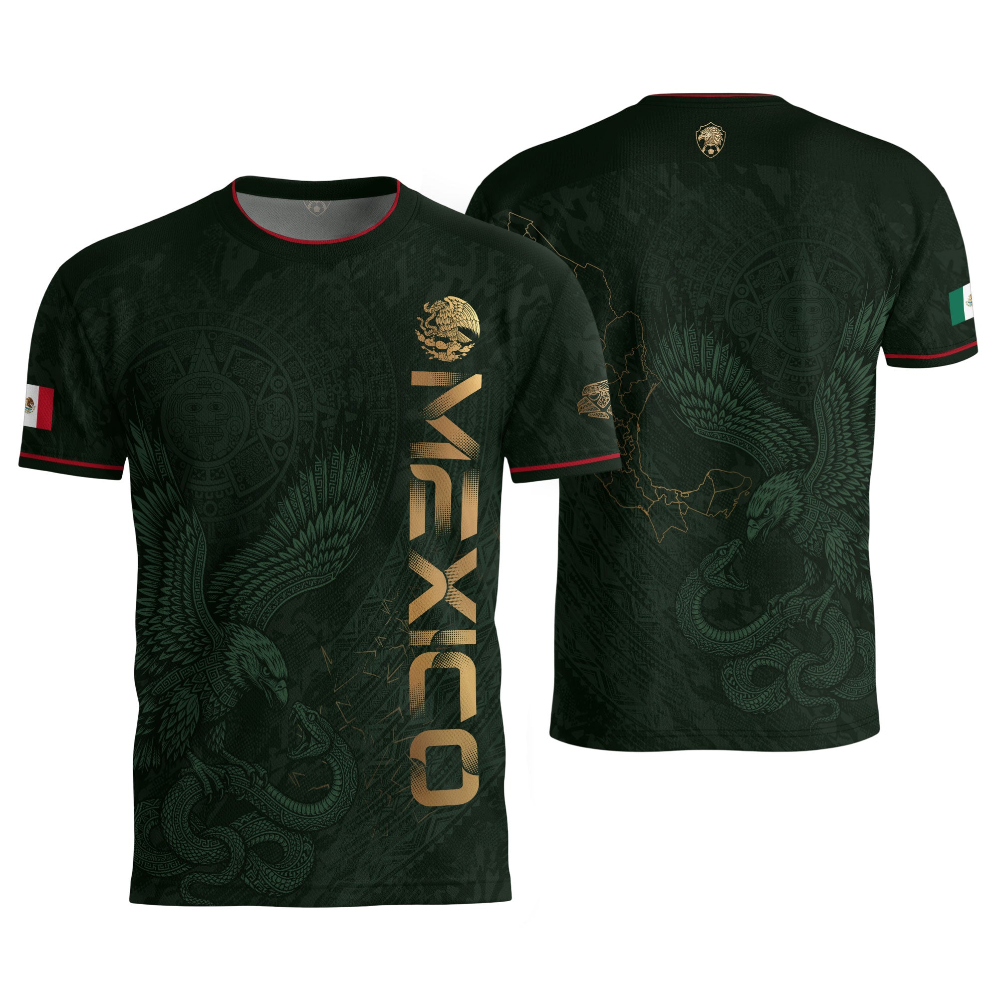 Camiseta de fútbol premium con emblema de águila azteca verde y dorado de México