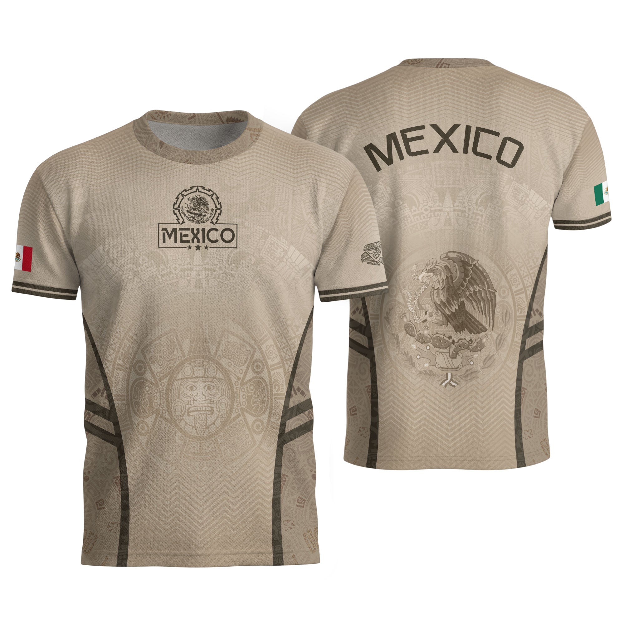 Camiseta de fútbol premium con emblema de águila azteca verde y dorado de México