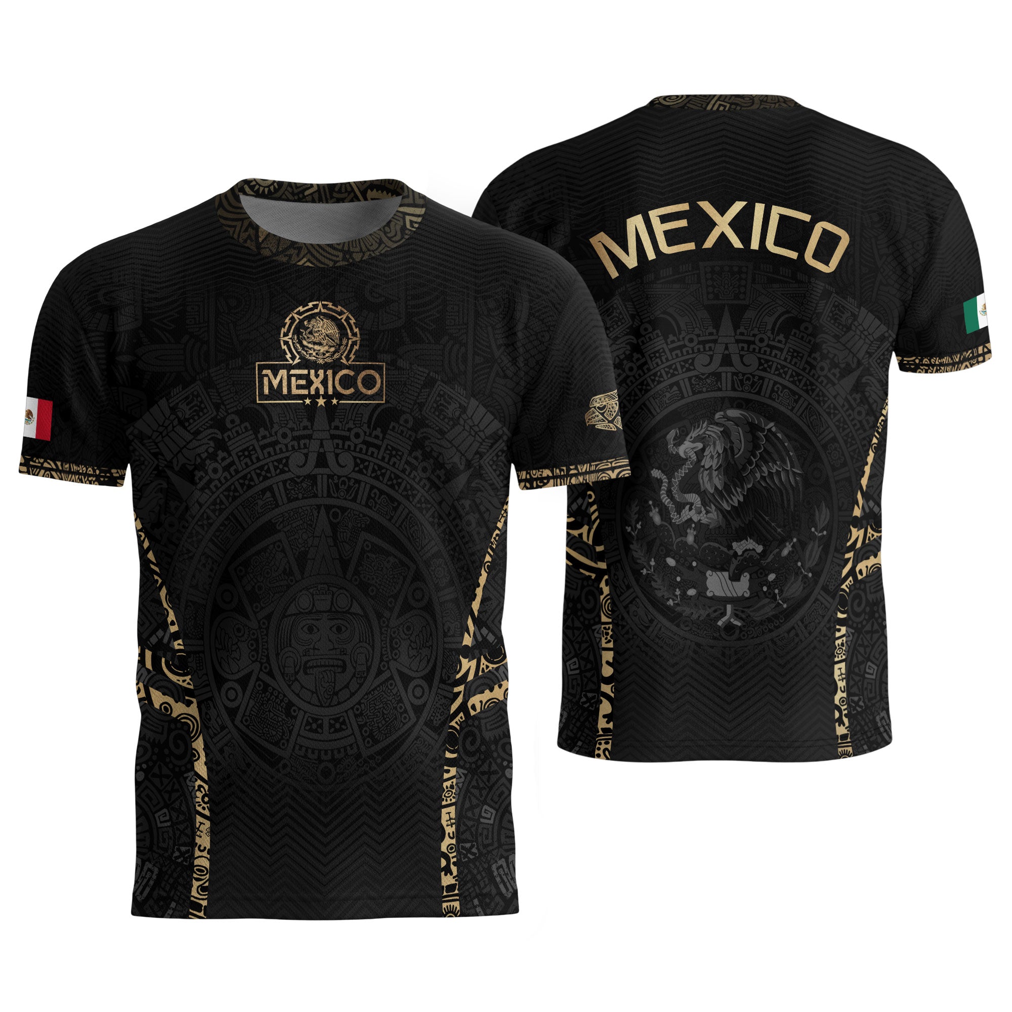 Camiseta de fútbol premium con emblema de águila azteca verde y dorado de México