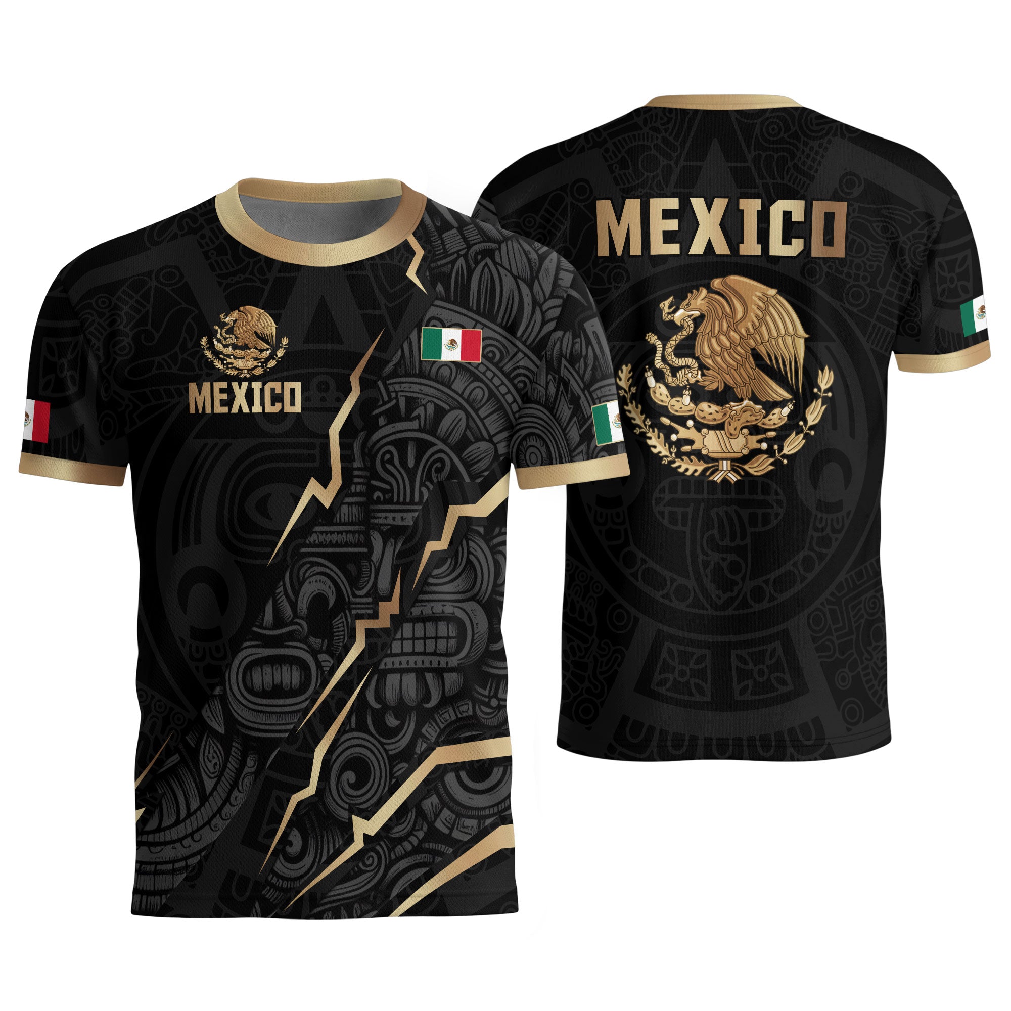Camiseta de fútbol de la herencia del guerrero azteca del águila dorada negra de México