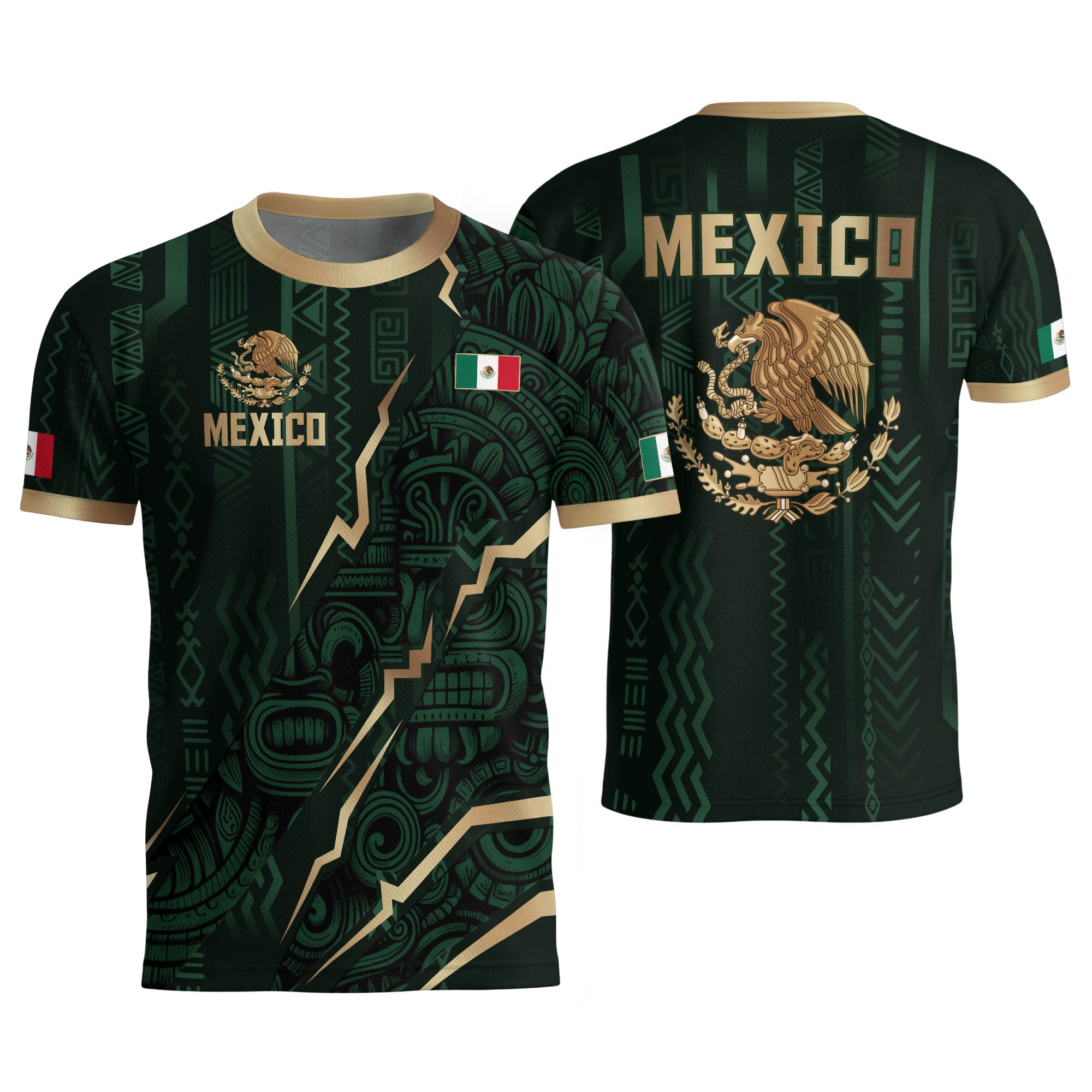 Camiseta de fútbol de la herencia del guerrero azteca del águila dorada negra de México