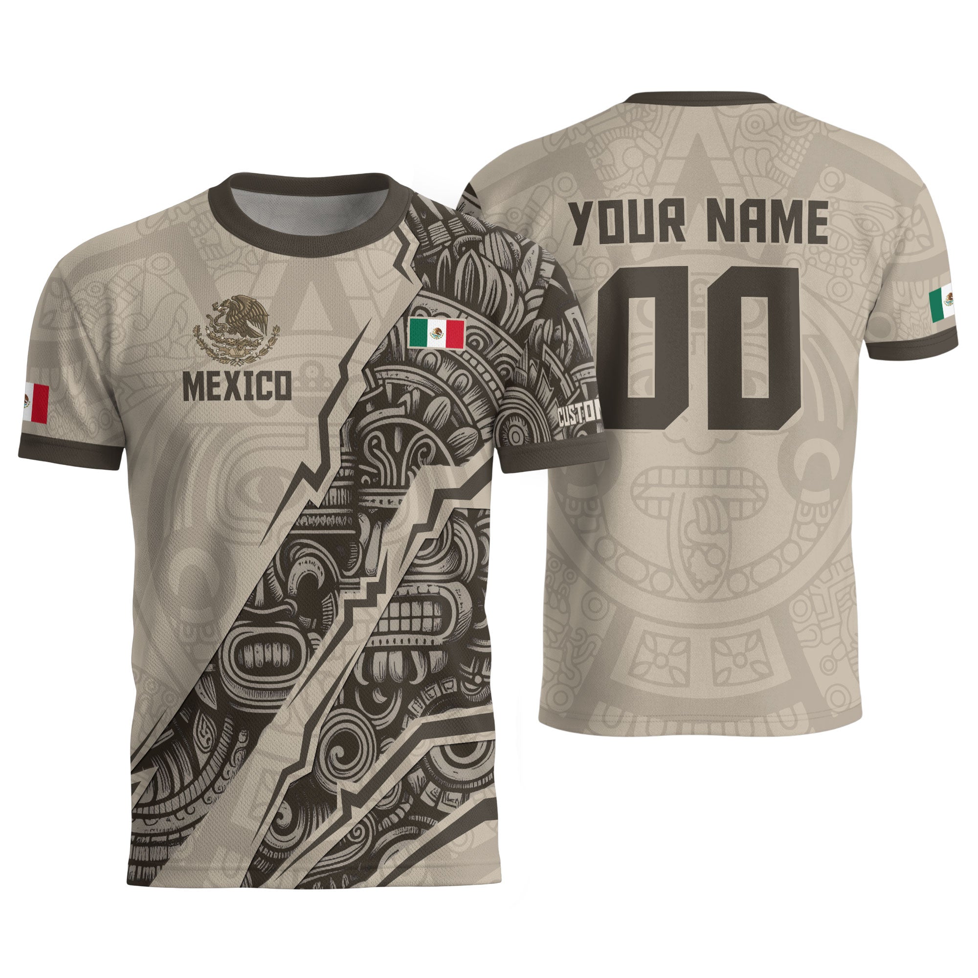 Custom Beige Mexico Soccer Jersey Aztec Eagle Heritage Gold Trim Mexican Football Shirt