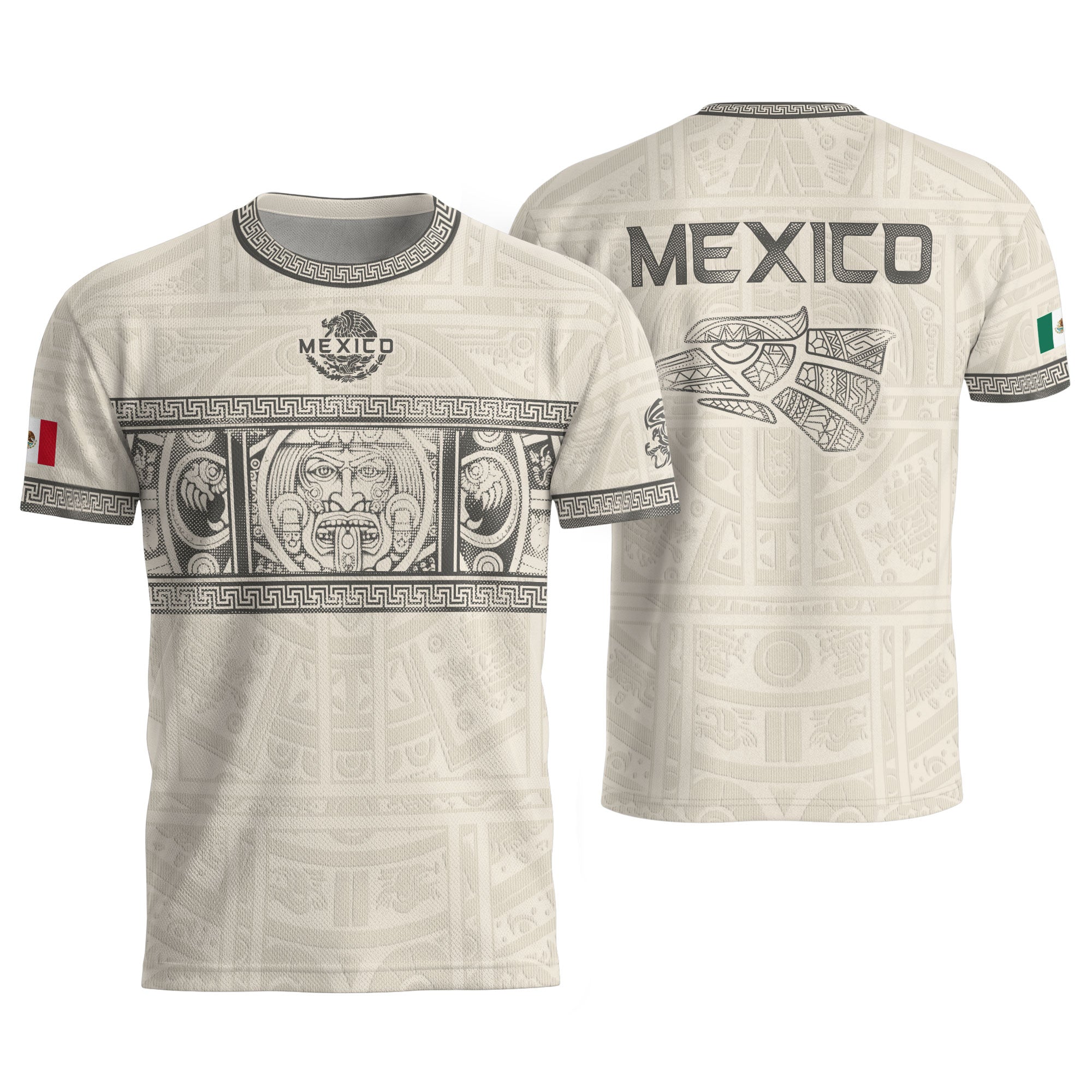 Camiseta de fútbol premium con emblema de águila azteca verde y dorado de México