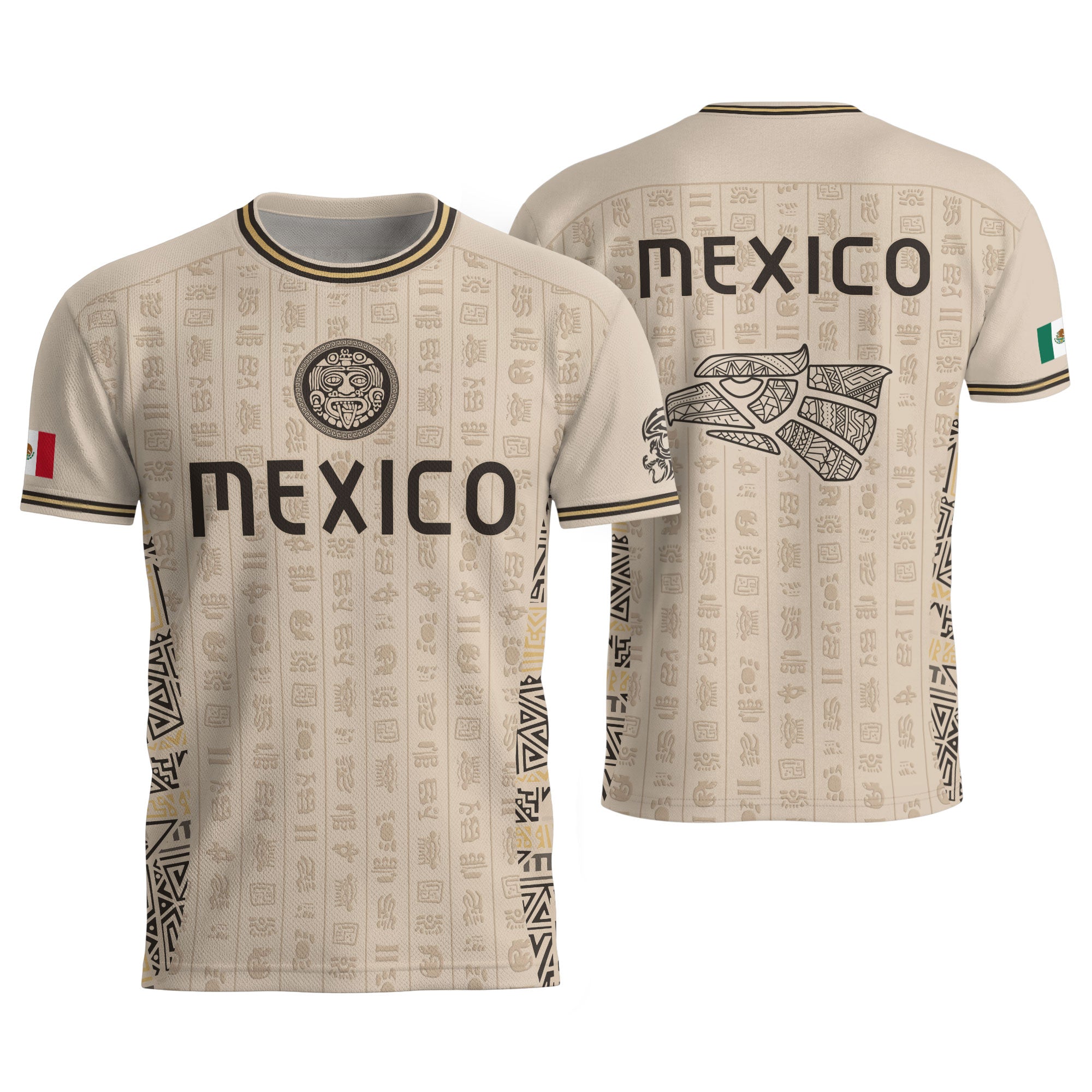 Camiseta de fútbol premium con emblema de águila azteca verde y dorado de México