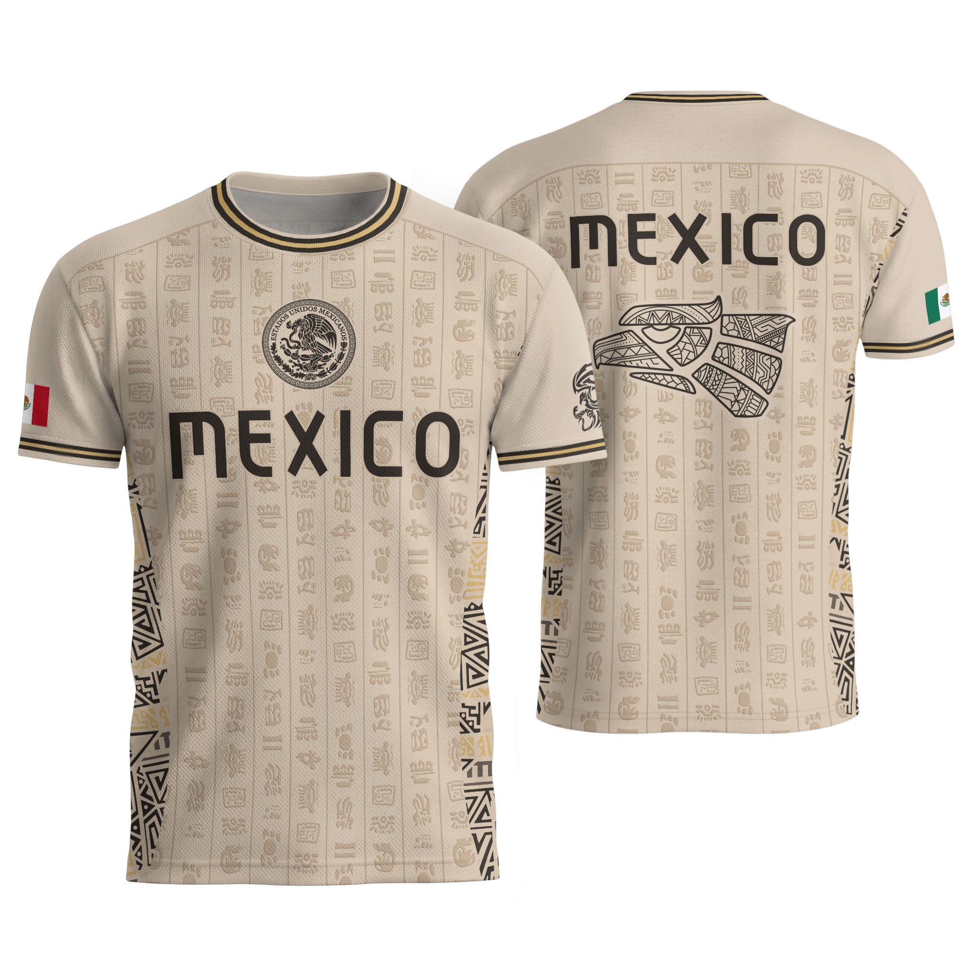 Camiseta de fútbol premium con emblema de águila azteca verde y dorado de México