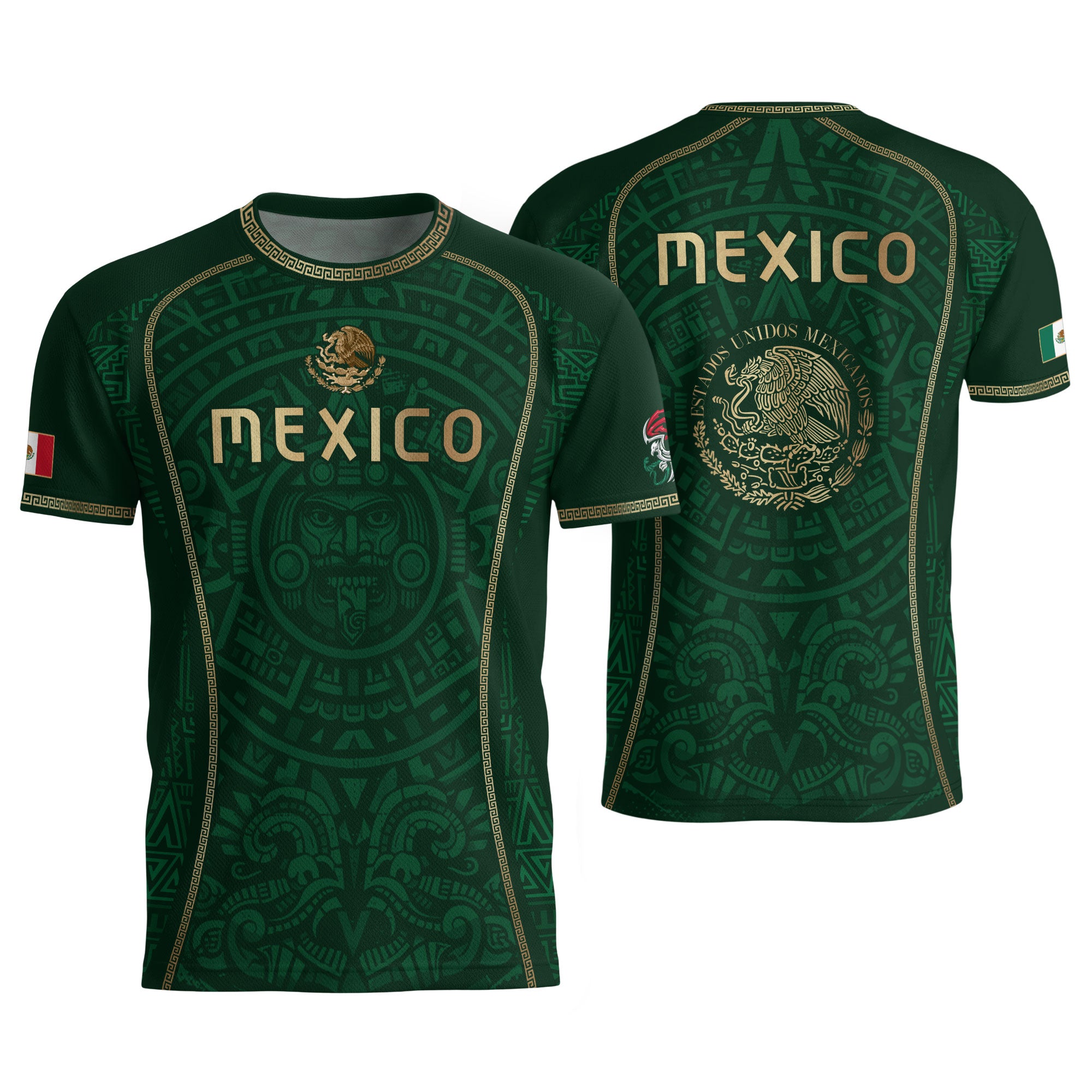Camiseta de fútbol premium con emblema de águila azteca verde y dorado de México
