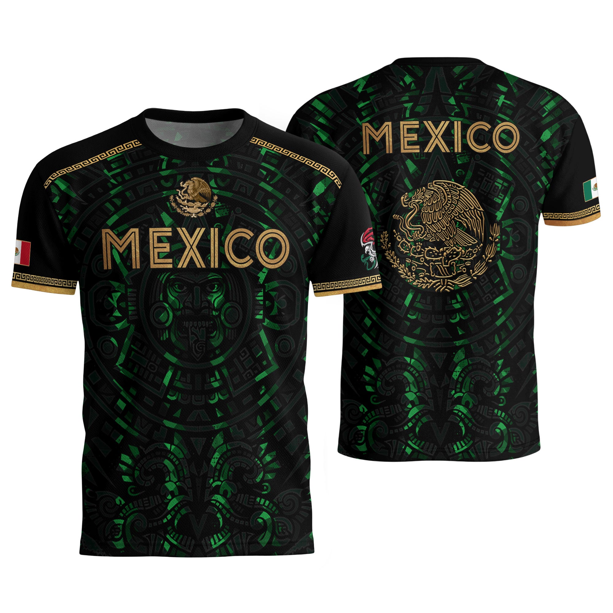 Camiseta de fútbol premium con emblema de águila azteca verde y dorado de México