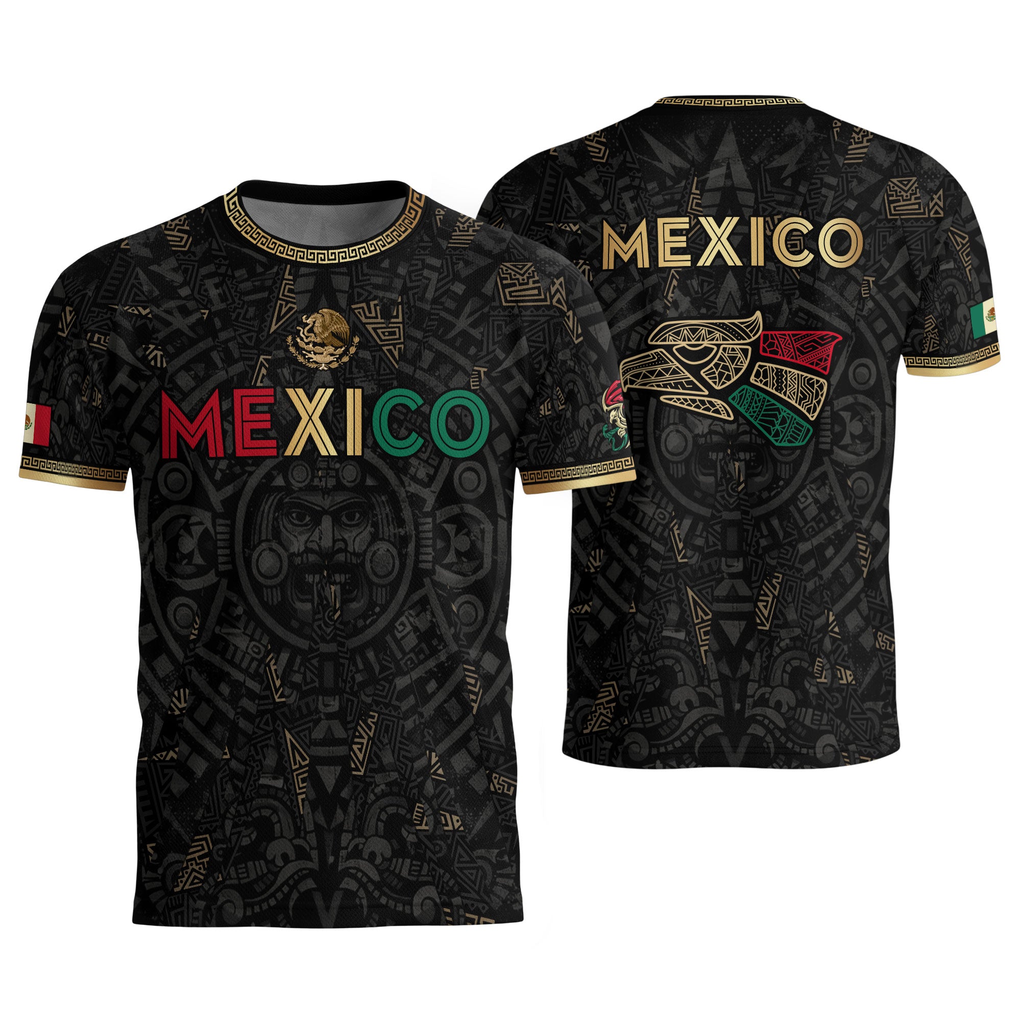 Camiseta de fútbol premium con emblema de águila azteca verde y dorado de México