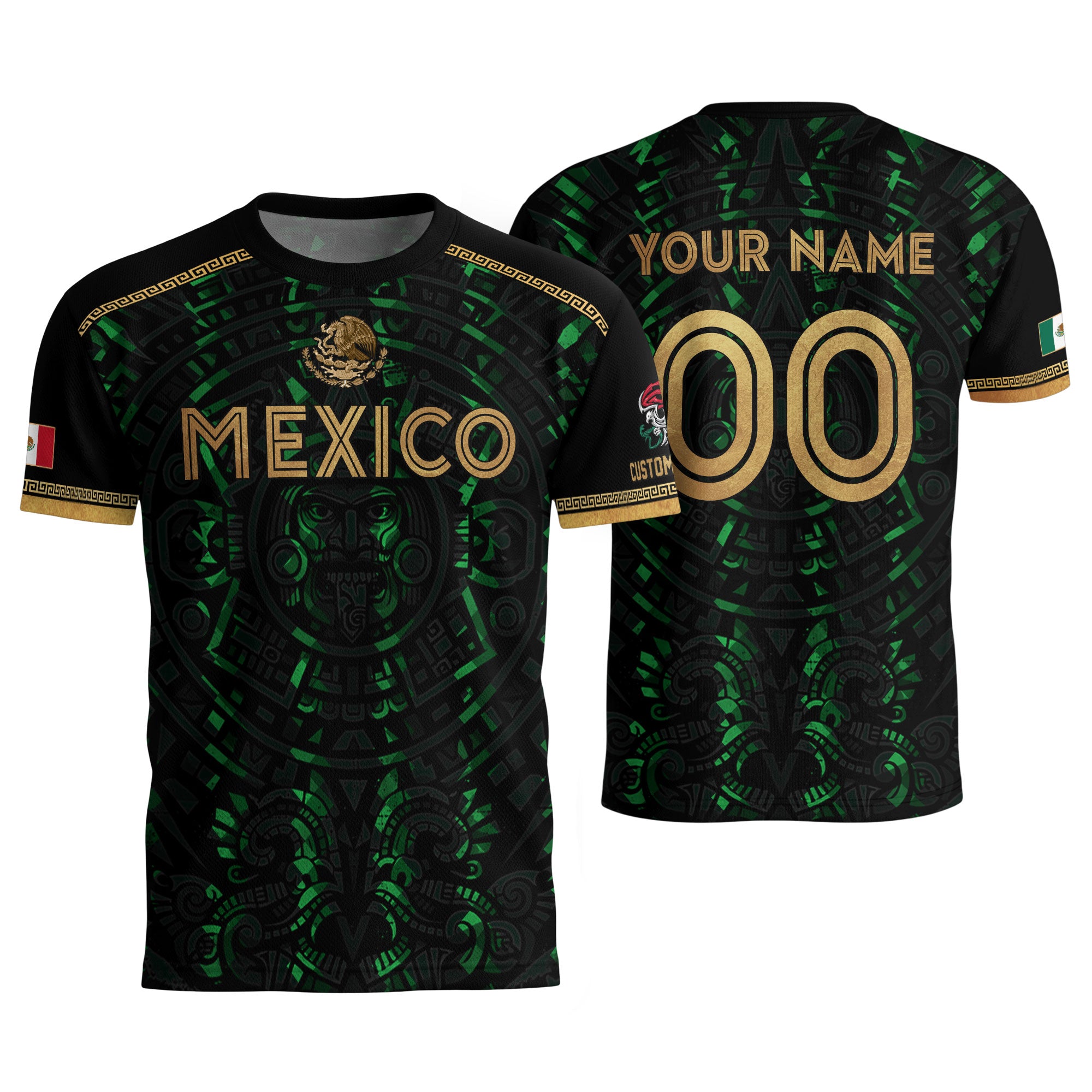 Camiseta de fútbol premium con emblema de águila azteca verde y dorado de México