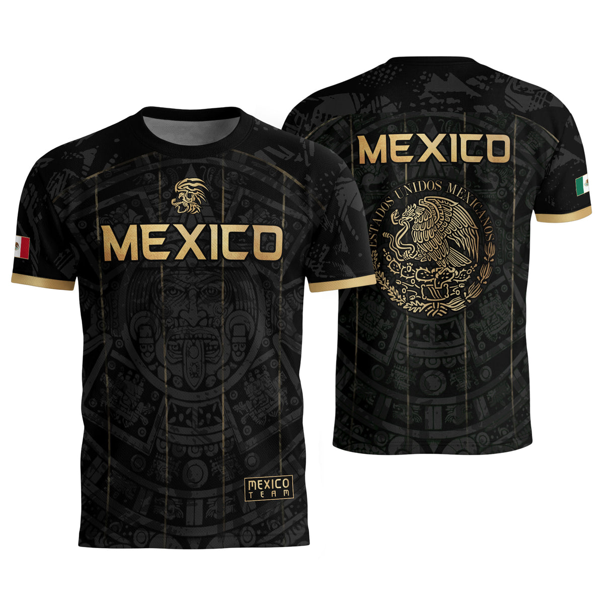 Men's Black Mexico Aztec Calendar Graphic T-Shirt – Gold Mexico Eagle Heritage Print Tee