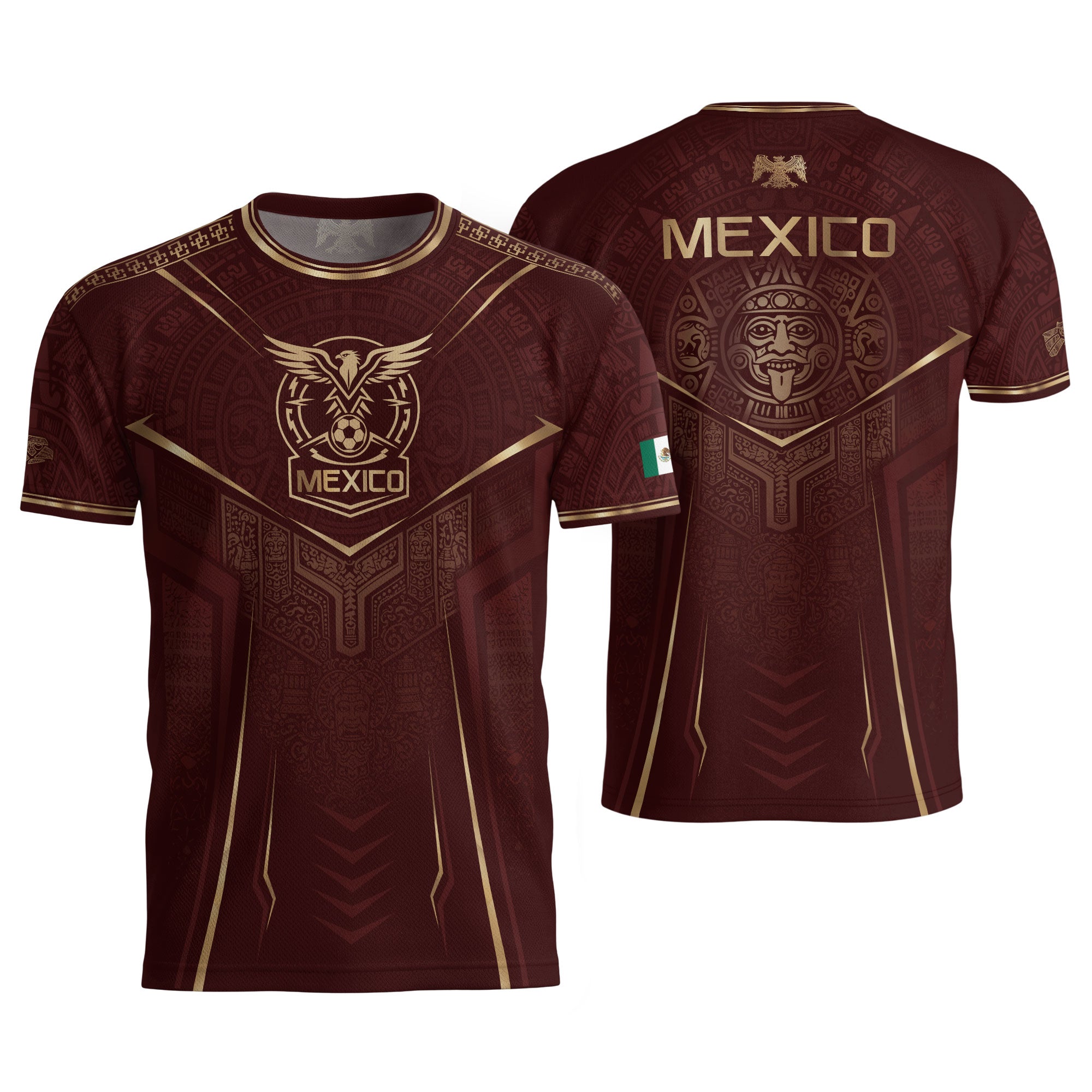 Camiseta de fútbol premium con emblema de águila azteca verde y dorado de México