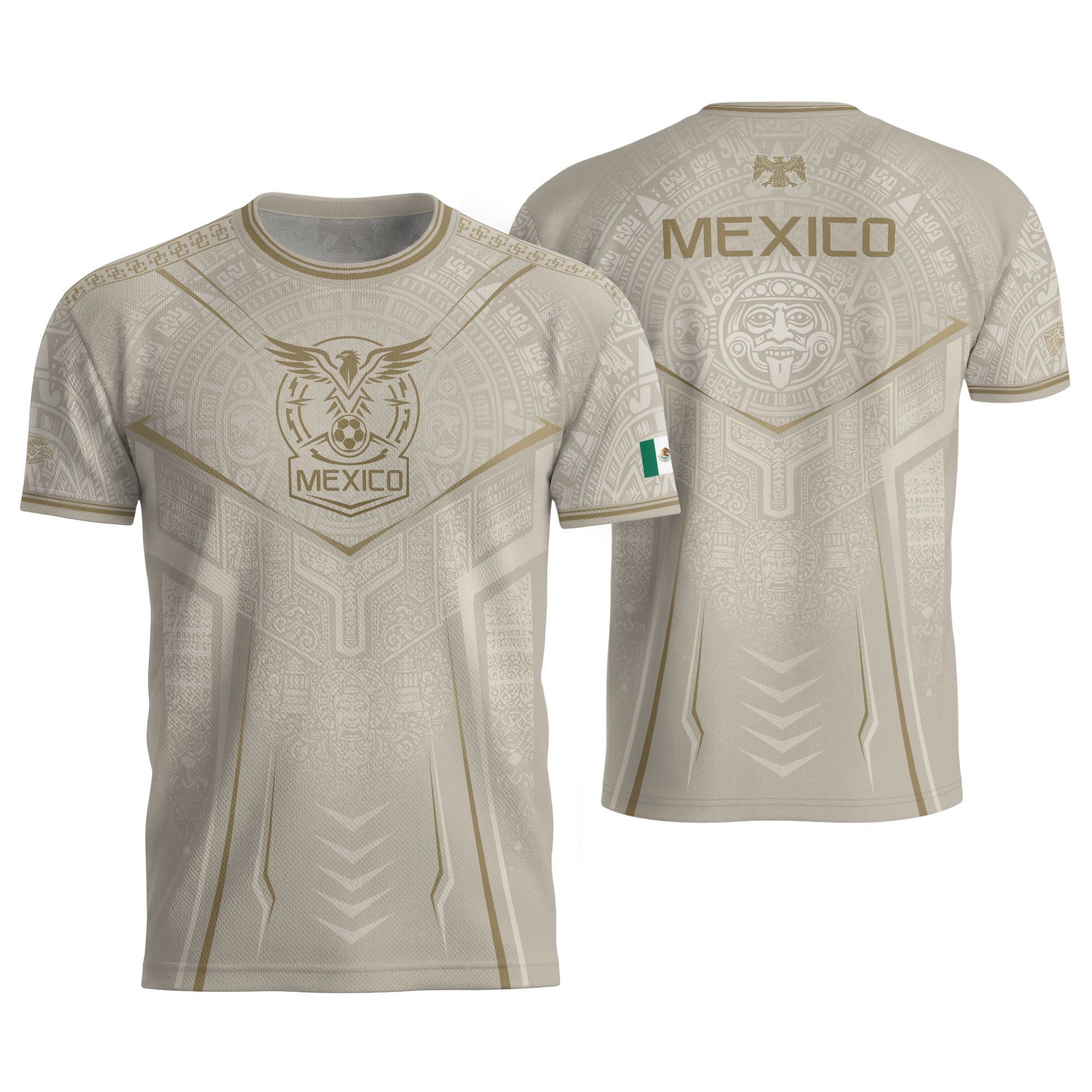 Camiseta de fútbol premium con emblema de águila azteca verde y dorado de México